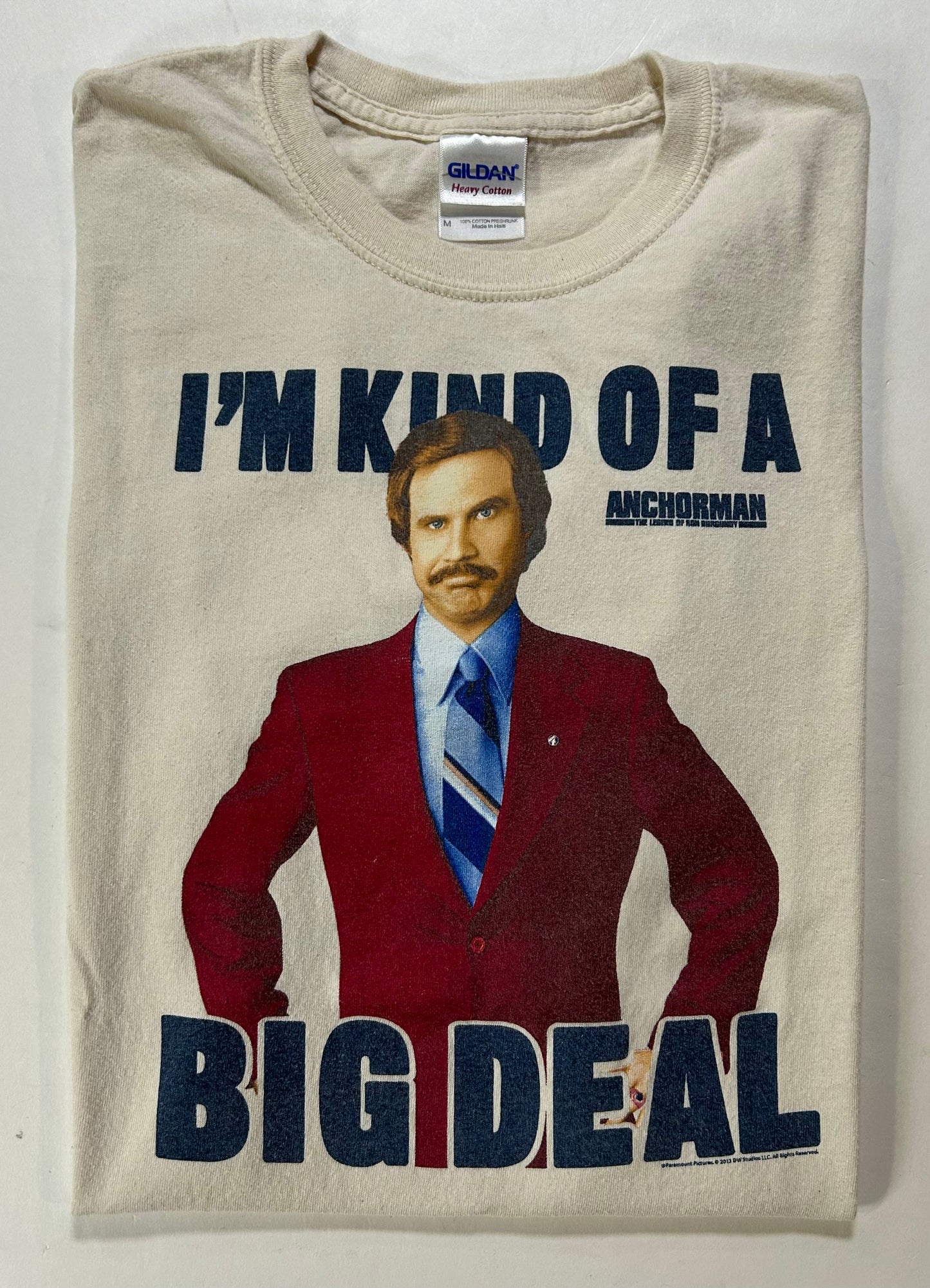 2013 Anchorman Movie Ron Burgandy I'm Kind Of A Big Deal Promo Tee Medium 19.25x27.5 Inches Cream