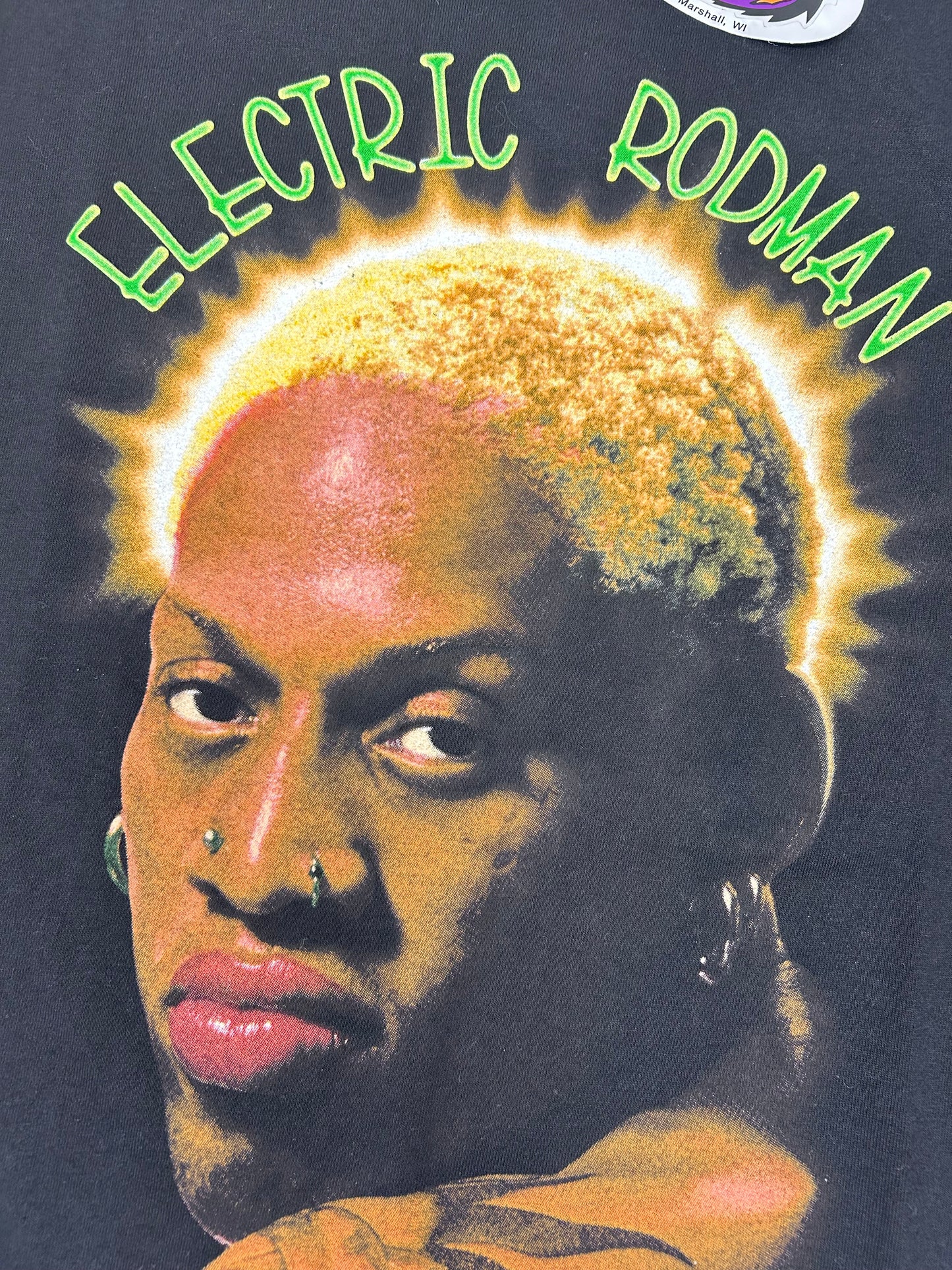 Vintage 1997 Dennis Rodman Electric Rodman Blue Hair Productions Graphic Tee Brand New With Sticker Tag Medium 20x30.25 Inches