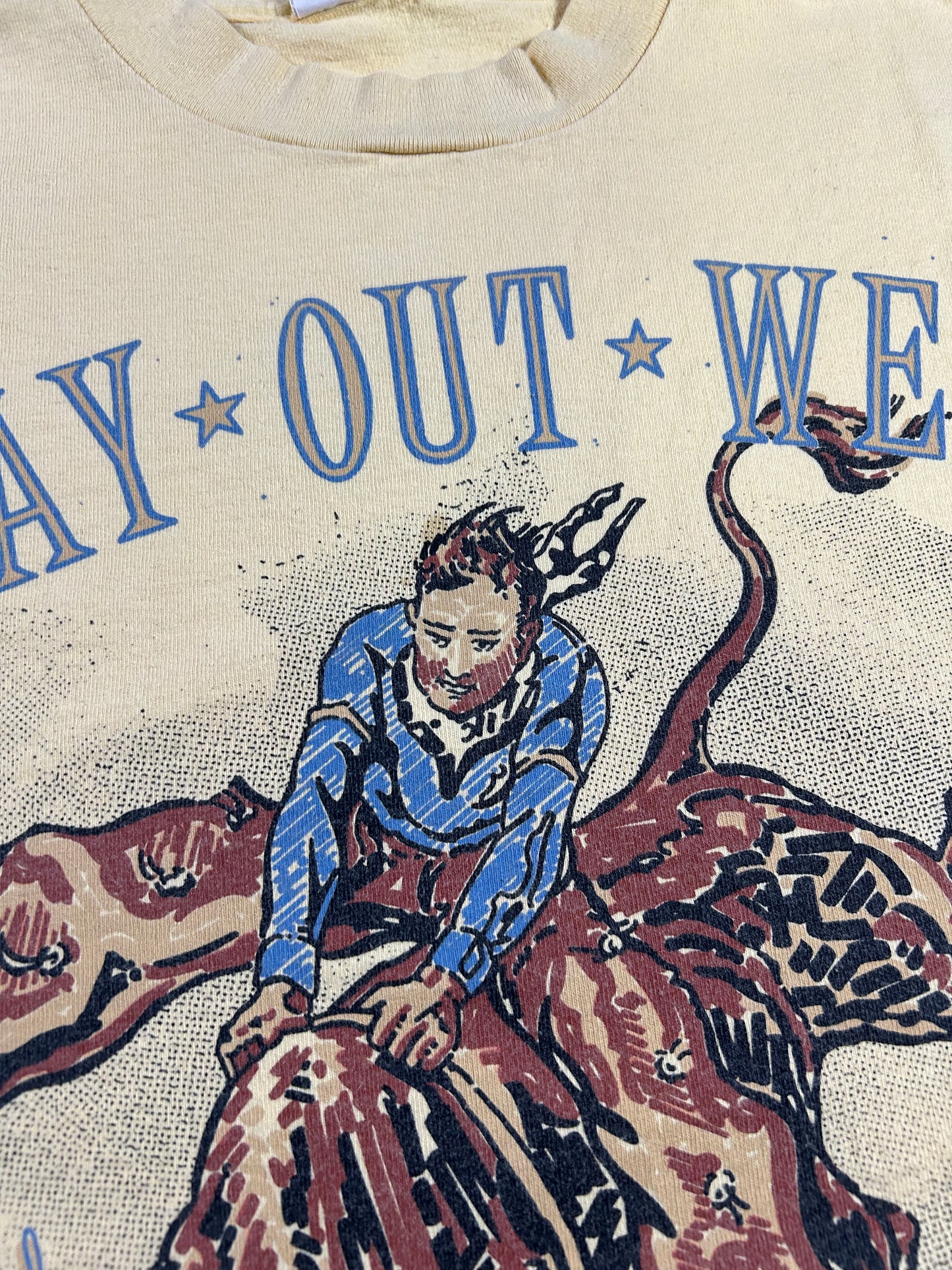 Vintage Way Out West American Brand Western Bull Drama Cowboy 1993 Tee XL Fit 23.5x30.25 Inches