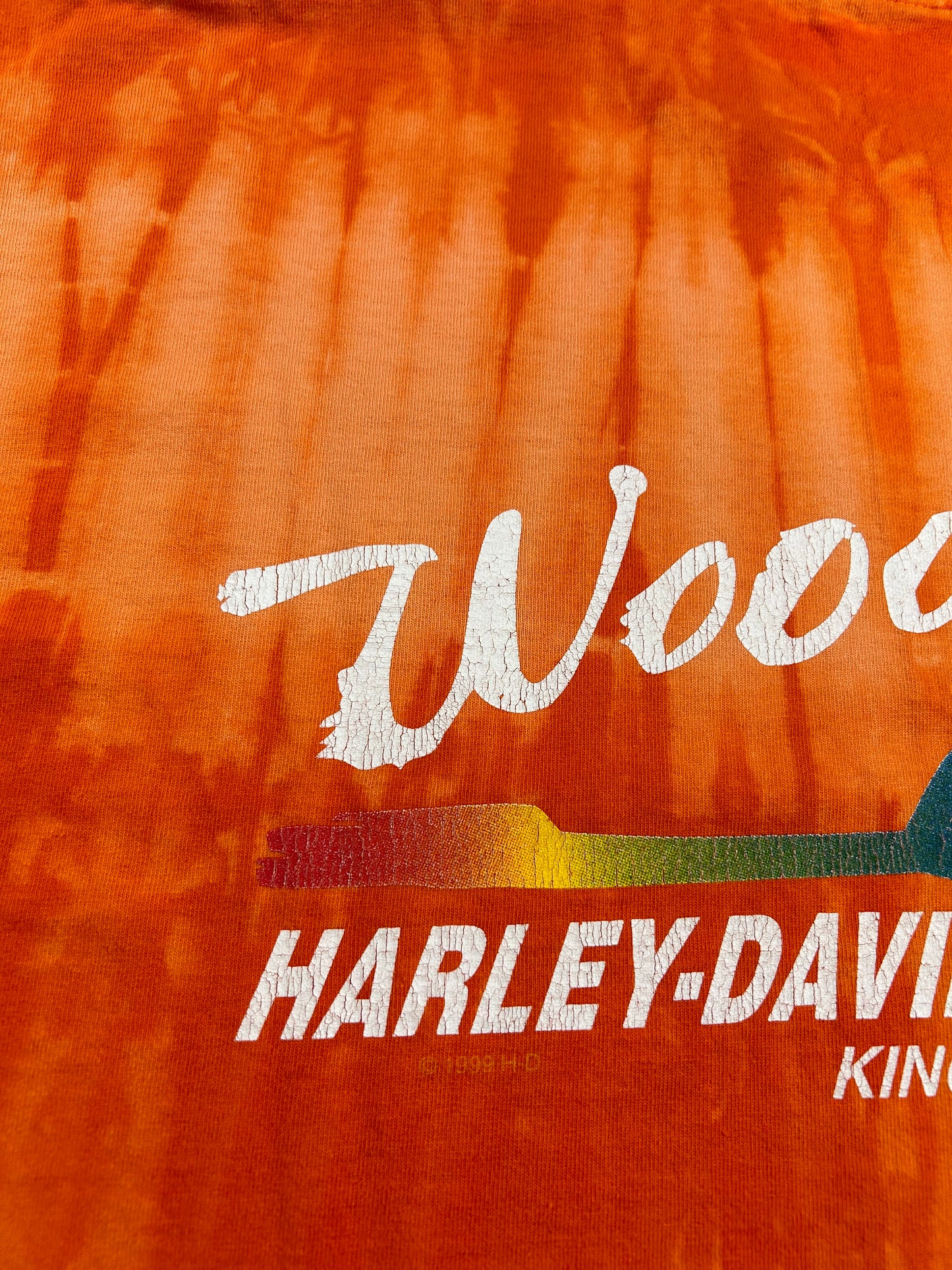 Vintage Harley Davidson Motorcycles Woodstock Tie Dye Orange Flames Tee L/XL Fit 24.25x31 Inches