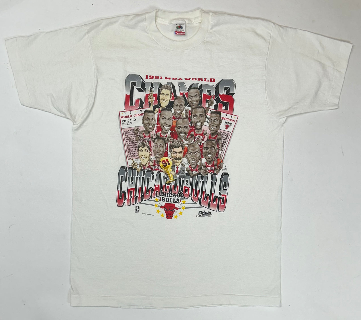 Vintage 1991 Chicago Bulls NBA World Champs Caritcure Team First Championship Salem Sportswear Graphic Tee L/XL 22.25x30.75 Inches