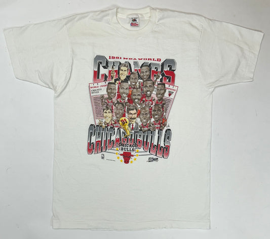 Vintage 1991 Chicago Bulls NBA World Champs Caritcure Team First Championship Salem Sportswear Graphic Tee L/XL 22.25x30.75 Inches
