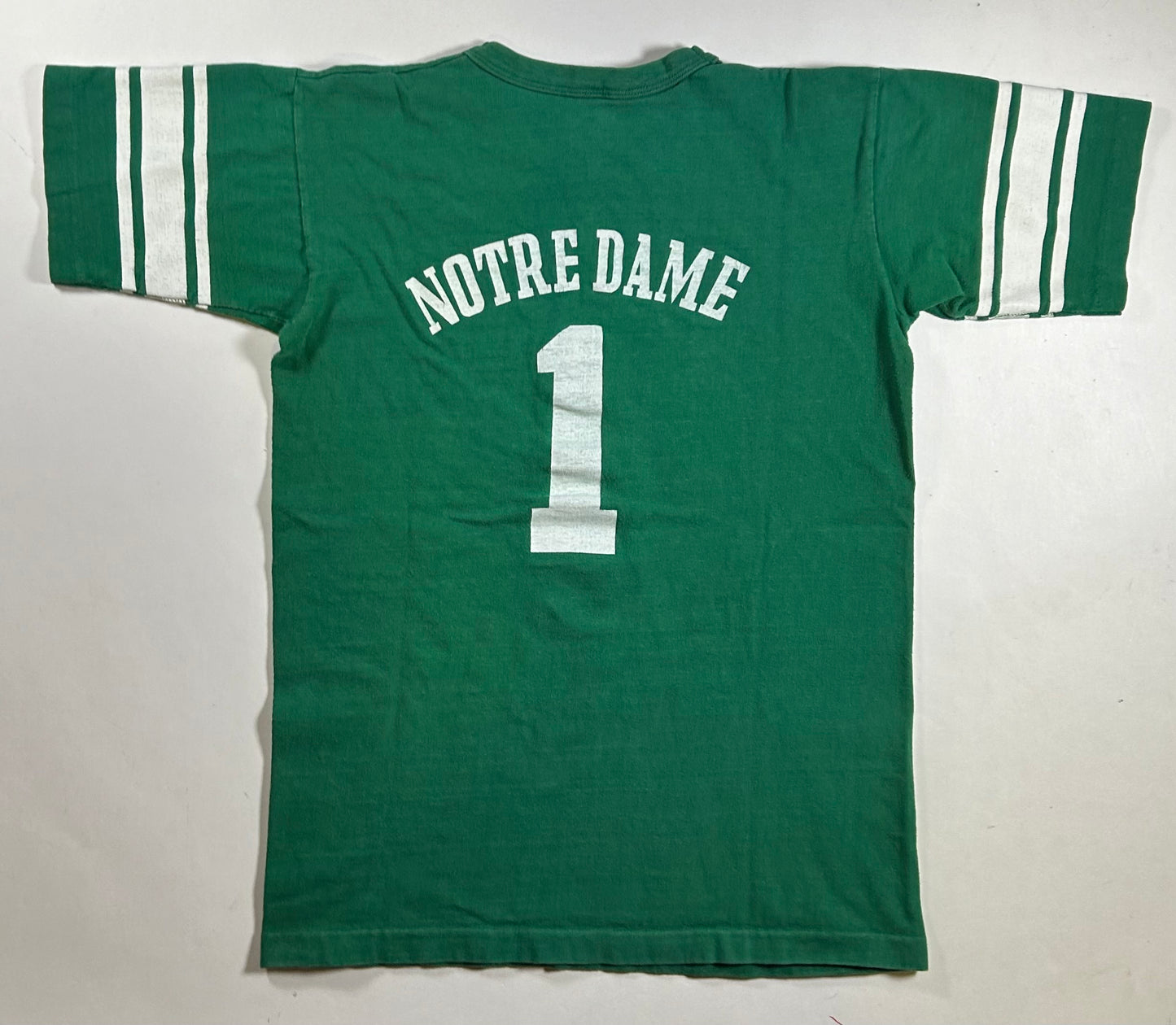 Vintage 70s Notre Dame Champion Blue Bar Green Jersey Style Tee 18.25x26 Inches Small Fit As Is