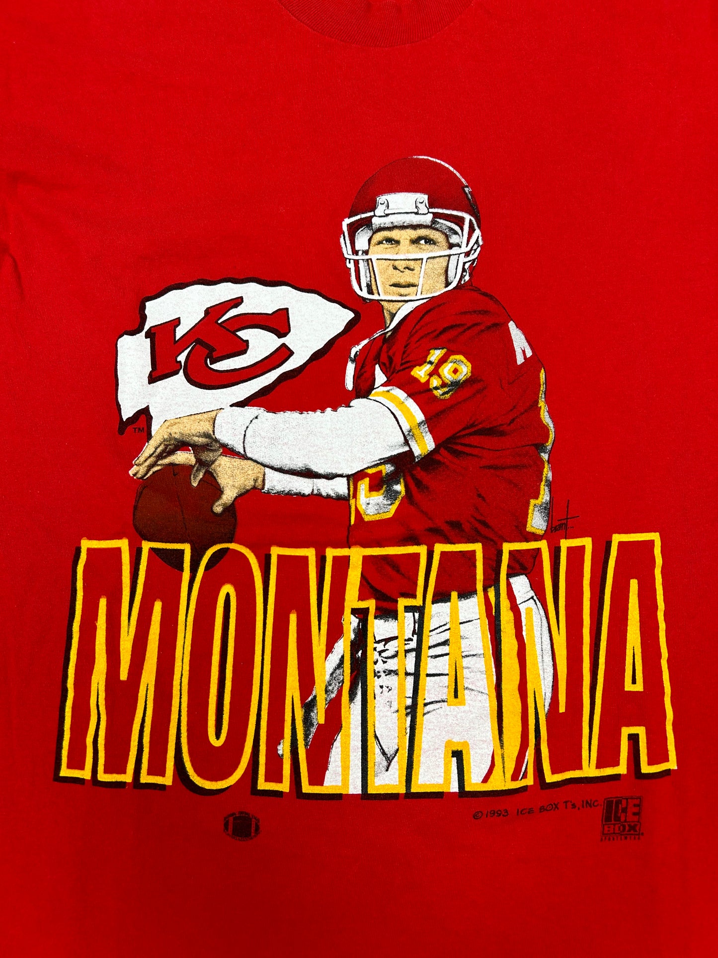 Vintage Joe Montana Kansas City Chiefs NFL T-Shirt Large Ice Box T's 1993 90s