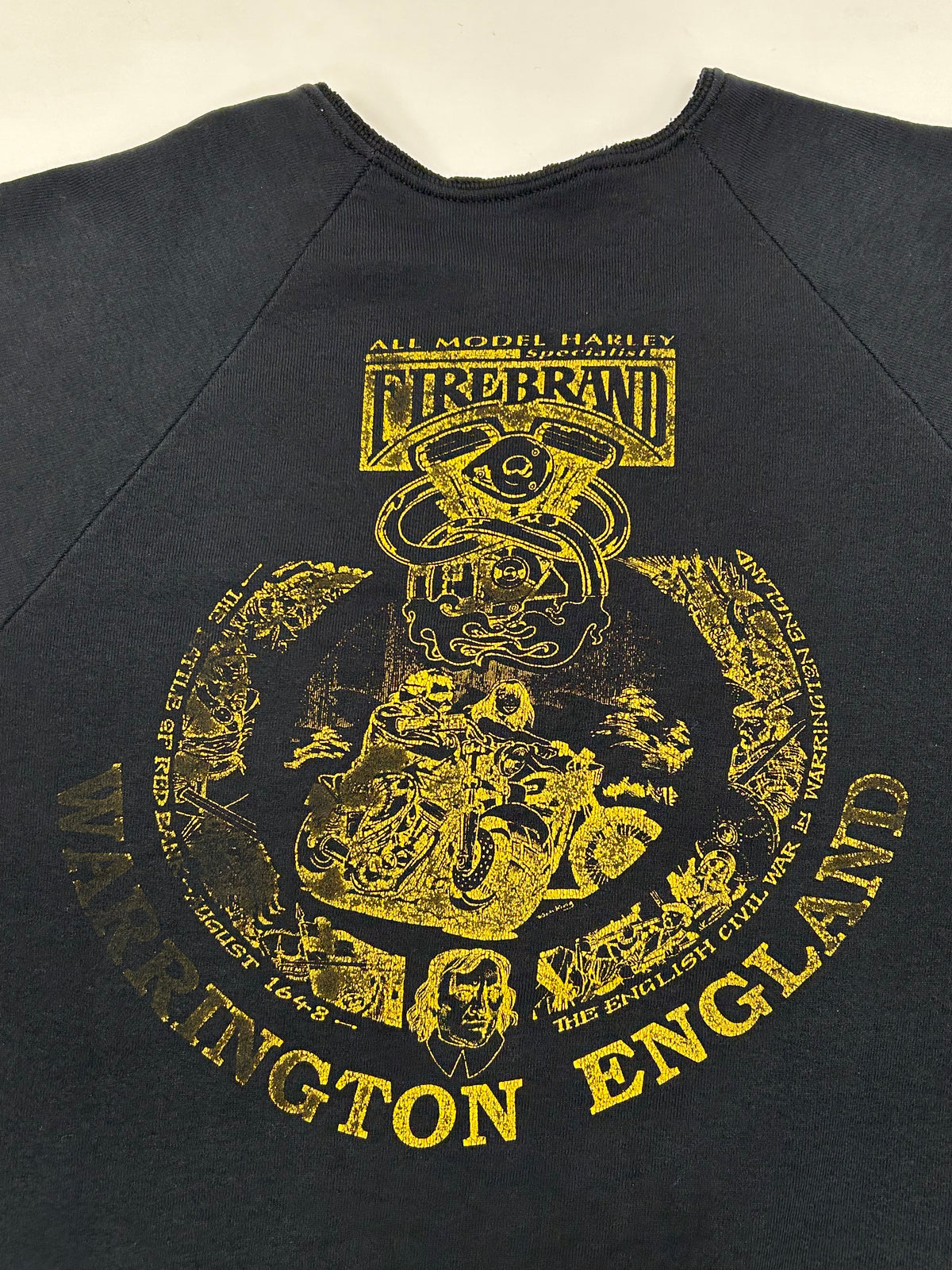 Vintage All Model Harley Specialist Fire Brand Warrington England Crewneck Sweatshirt Chopped Collar M/L Fit 22.75x27 Inches As Is Faded & Worn In