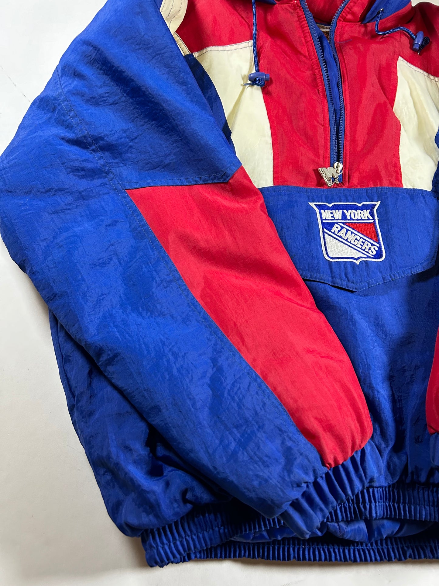 Vintage 90s Starter New York Rangers NHL Pullover Puffer Jacket Half Zip Hooded Jacket XL 29x30.25 Inches