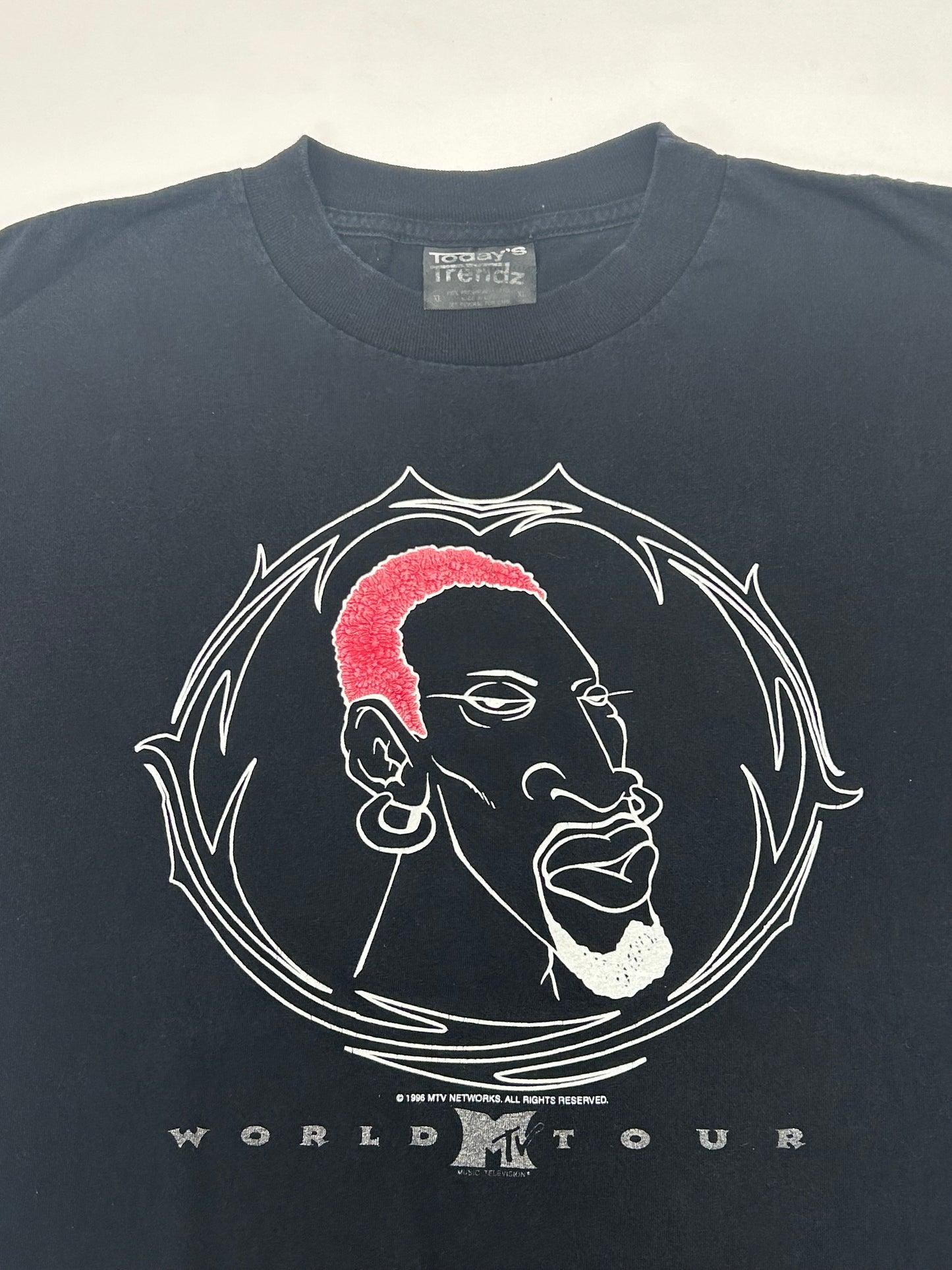 Vintage Dennis Rodman MTV World Tour 1996 Promo Tee XL 23.25x28 Inches Red Puffy Hair