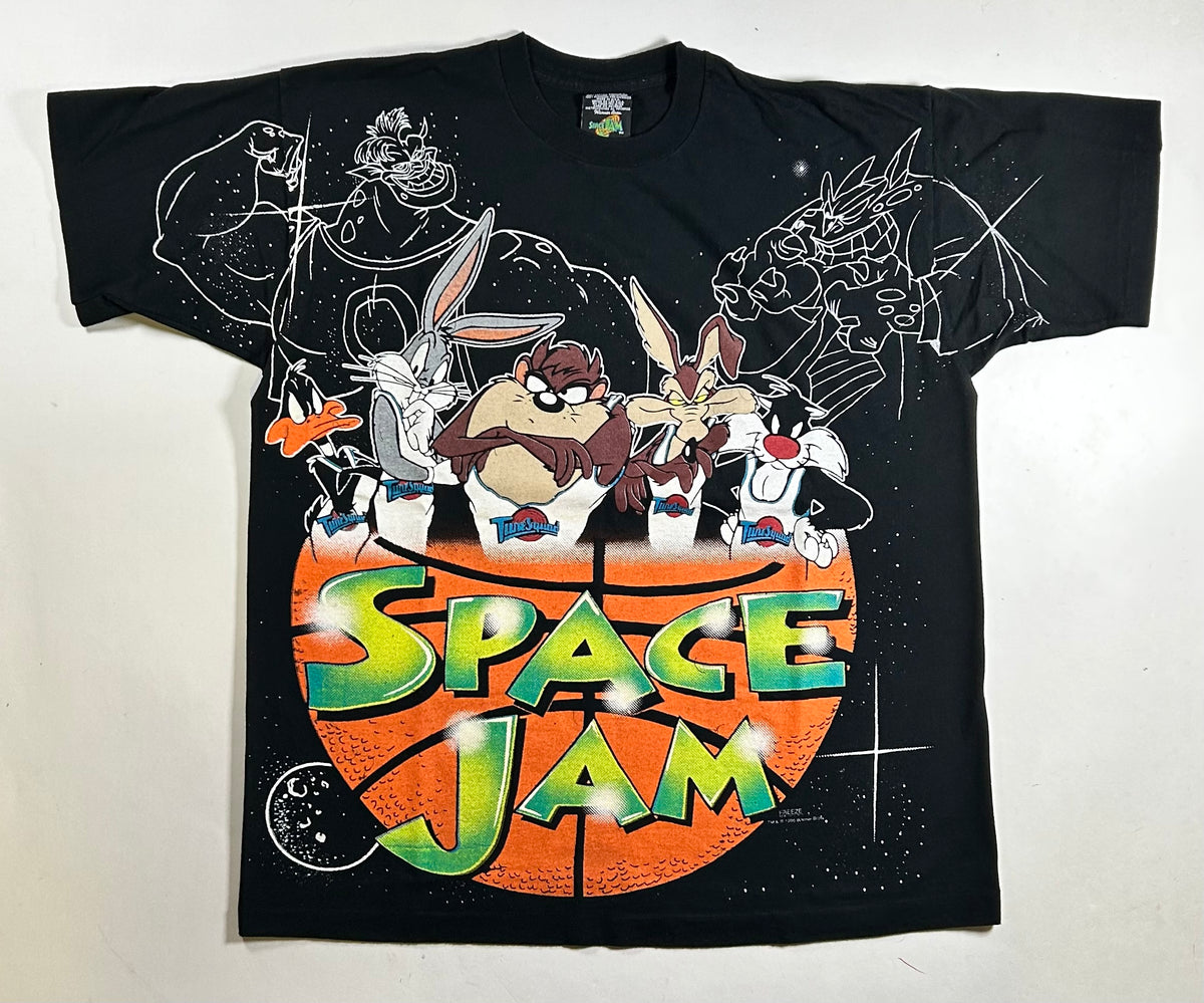 Vintage Space Jam Movie Promo Tee 1996 Freeze Looney Tunes All Over Print Rare L/XL Fit  23.25x28.25 Inches