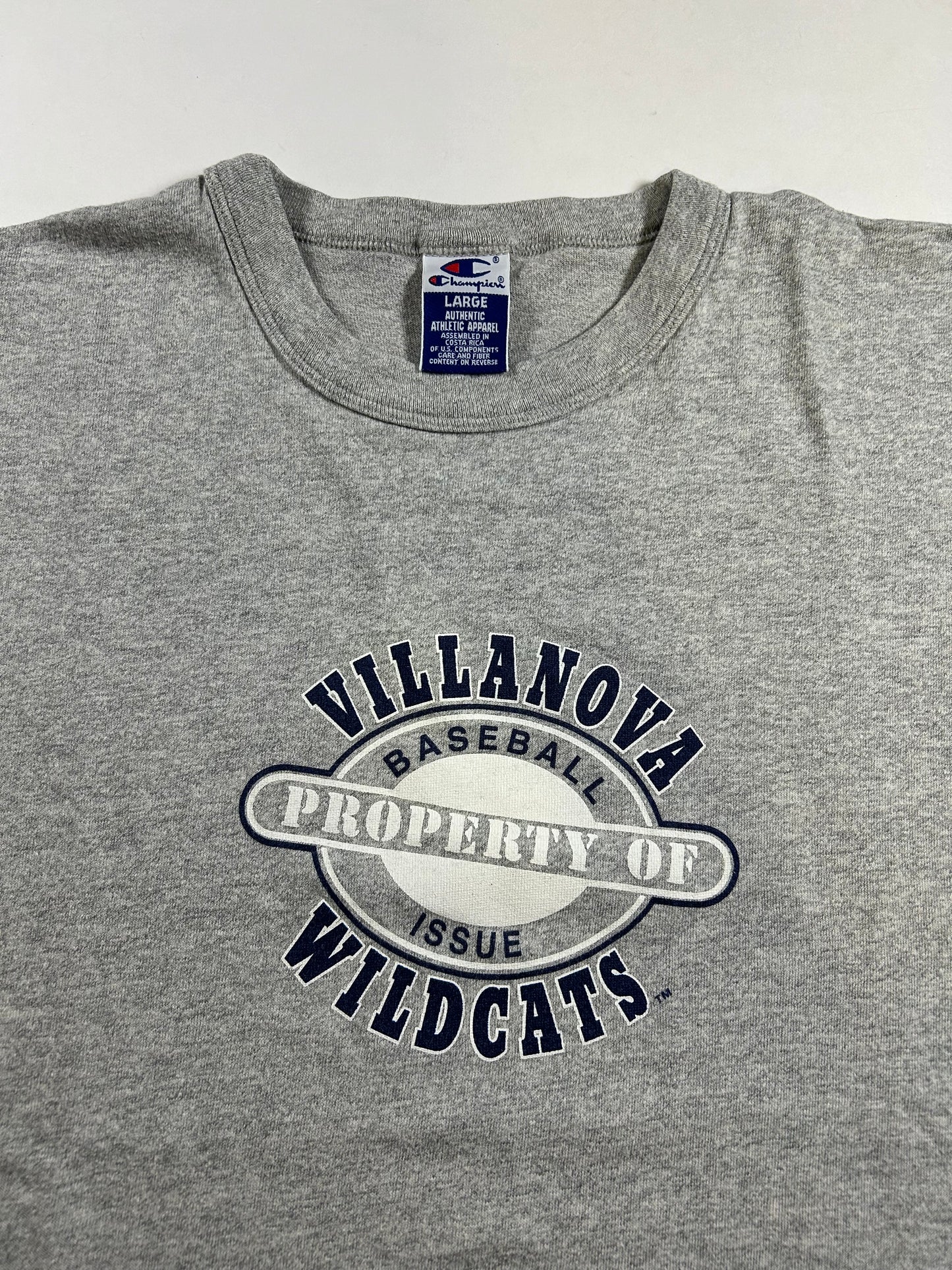 Vintage Champion Villanova Wildcats Baseball Issue Property Of College Tee Large 21.75x27.5 Inches Gray