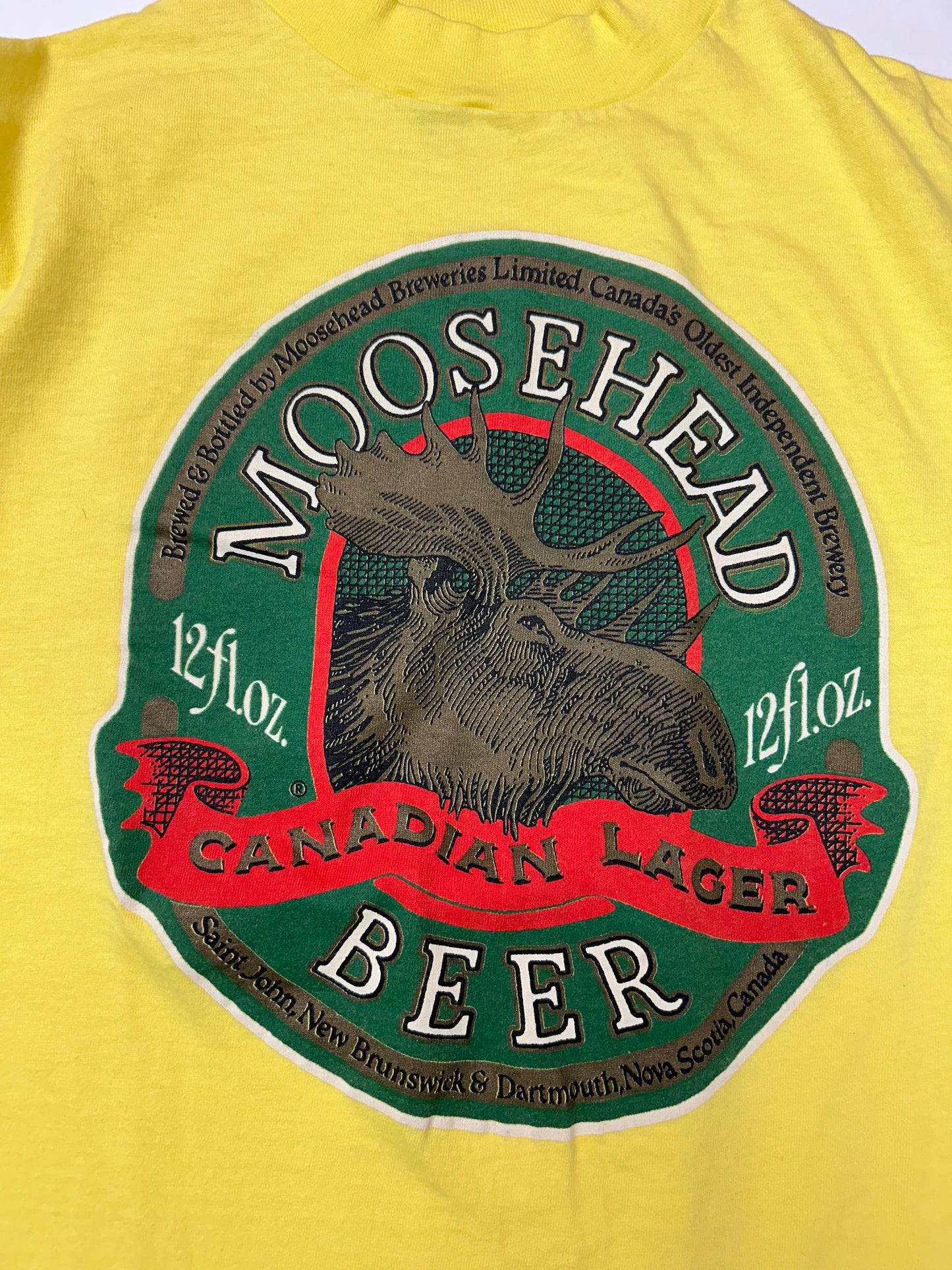 Vintage 80s Moosehead Beer Canadian Lager Long Sleeve T Shirt M/S 18.75x27 Yellow