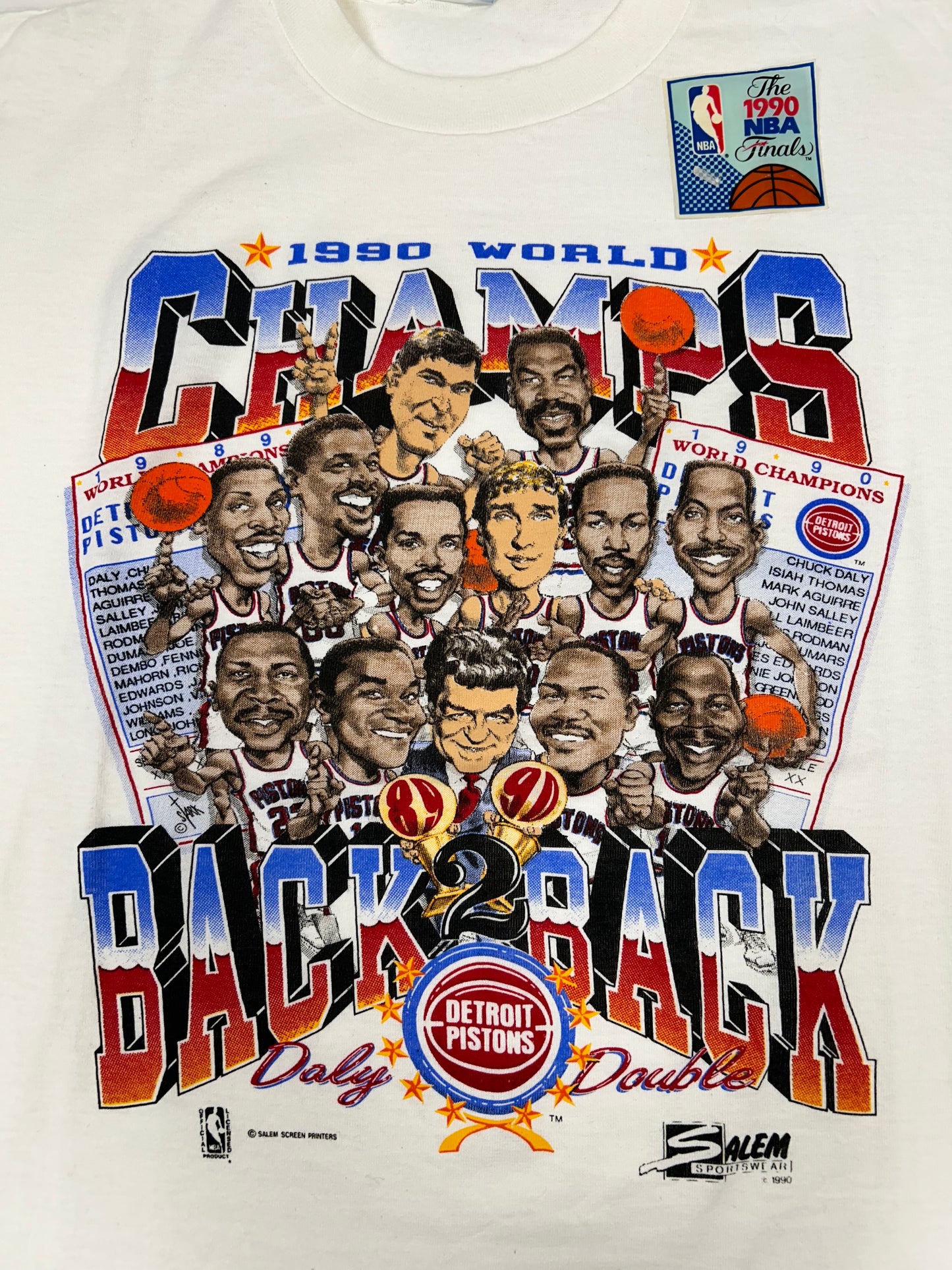 Vintage Salem Sportswear Detroit Pistons 1990 World Champions Back 2 Back World Champions Caricature Tee New With Sticker Large 23.25x27.5 Inches As Is