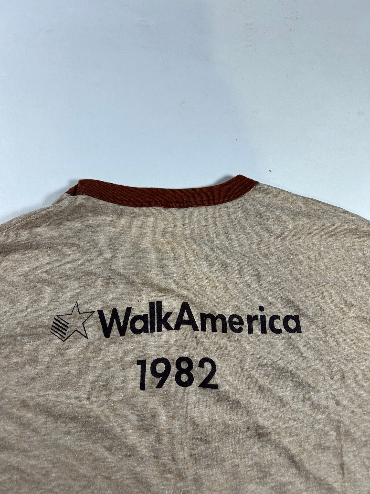 Vintage 80s UPS UNITED Parcel Service Shipping Walk America 1982 Ringer Tee Hanes L/M Fit 20.75x30.25 Inches