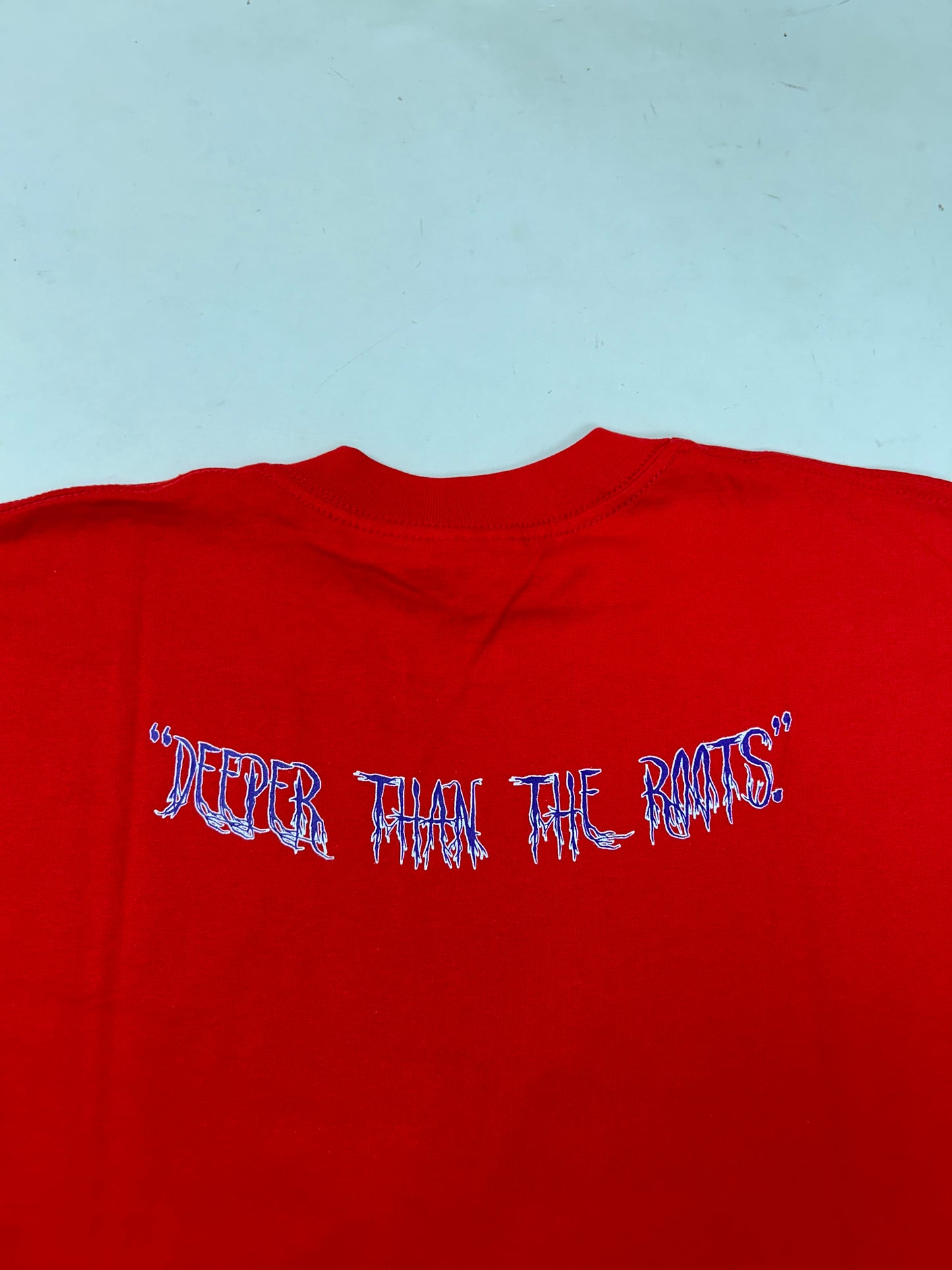 Edgewood NJ first edition “Deeper Than The Roots.” Tee 00s Gildan Ultra Cotton 100% Cotton Honduras Cherry Red