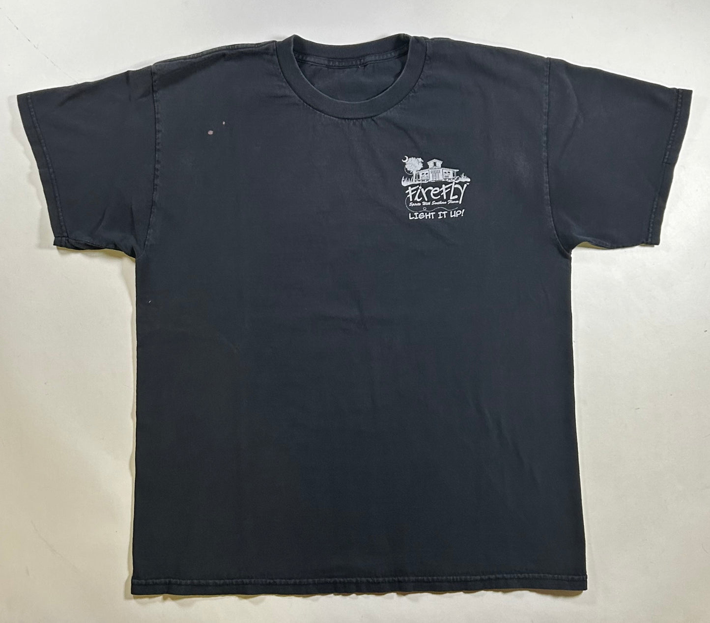 Vintage Firefly Moonshine Light It Up! Spirits Southern Flavor Tee Large 21.5x27.25 Inches As Is