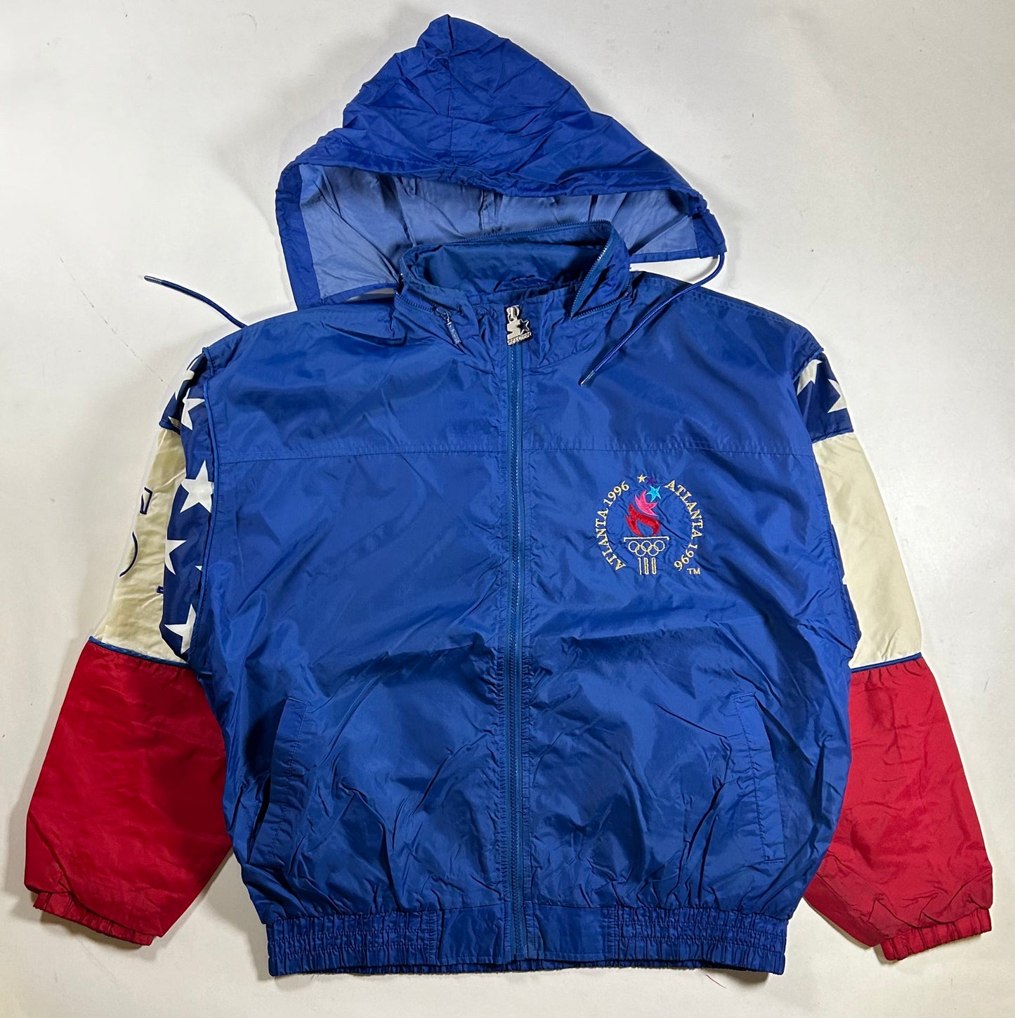Vintage Starter 96 Atlanta Olympics Team USA Packable Hood Windbreaker Full Zip Jacket  Large 27.5x27.5 Inches
