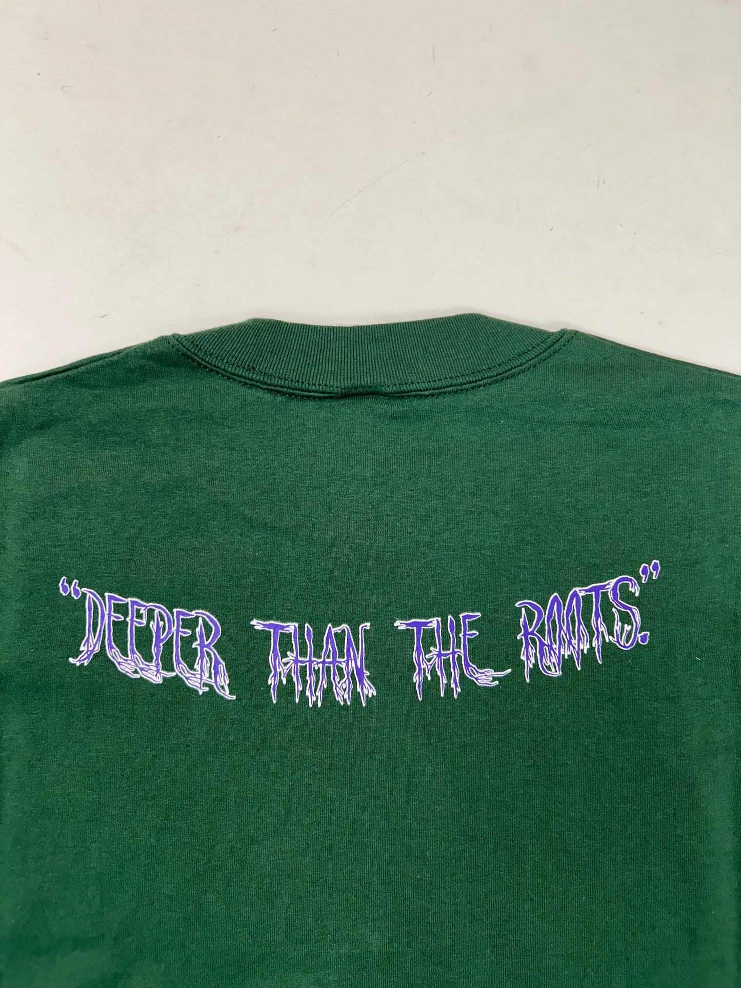 Edgewood NJ first edition “Deeper Than The Roots.” Tee XL 23.25x32 Inches 90s Russell Athletic Blank 100% Cotton USA Deep Forest Green