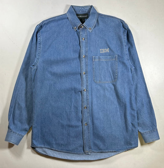 Vintage IBM Technology Brand Company Button Up Shirt Denim Size Medium 24x31.5/33 Inches