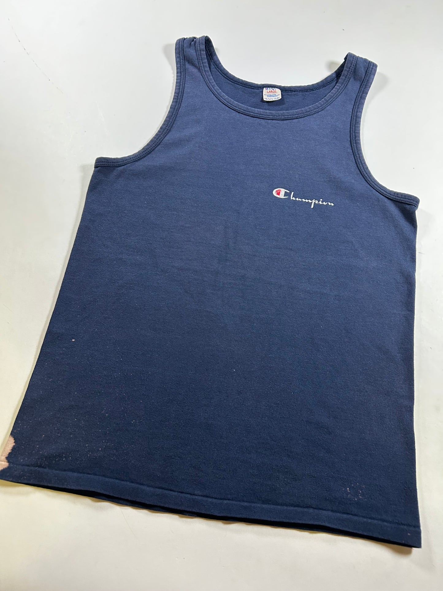 Vintage Champion Chest Script Spell Out Logo Tank Top Sleeveless Shirt As Is Bleach Spots & Fading M/S Fit 18.5x27.25 Inches USA 100% Cotton