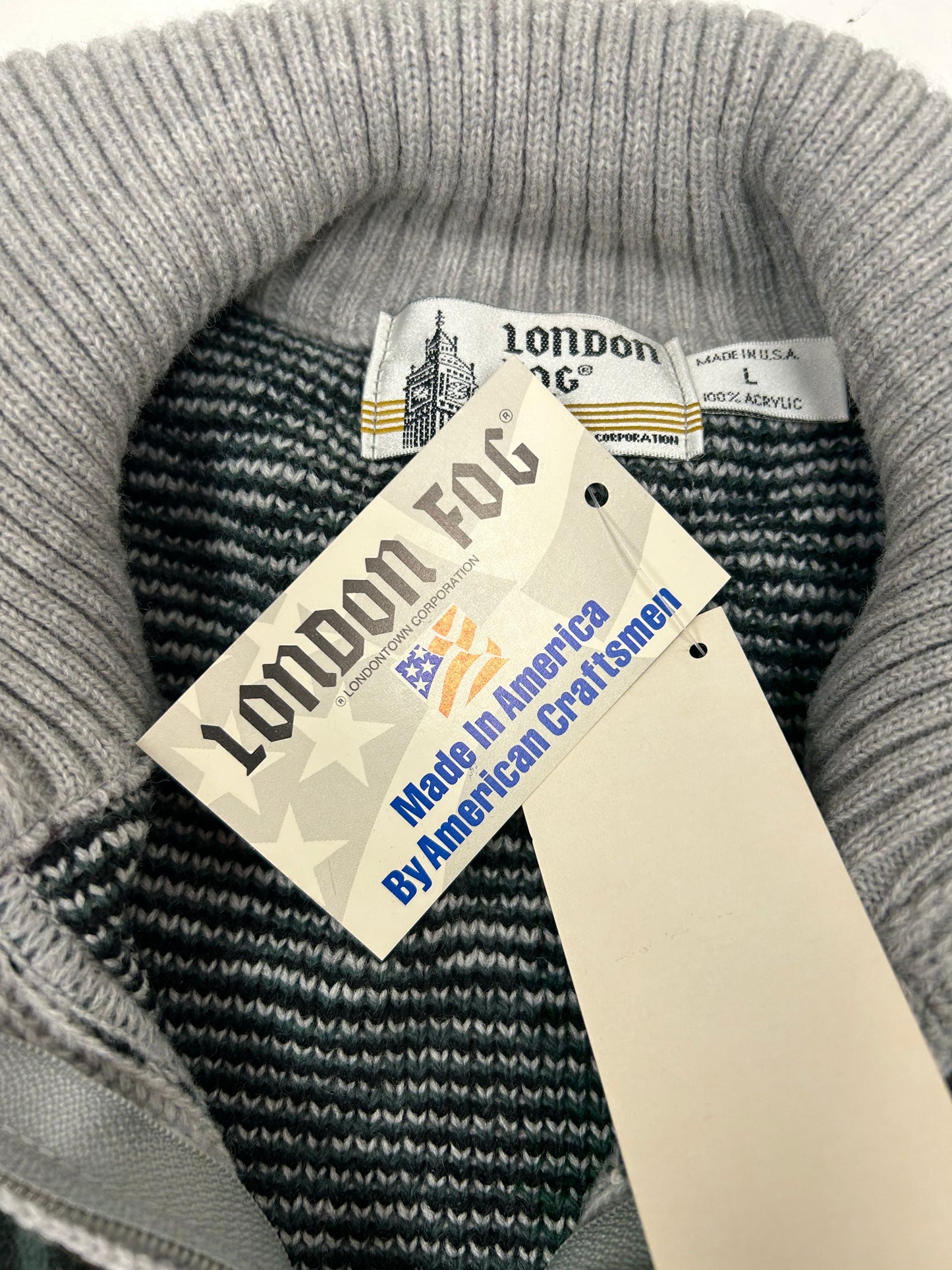 Vintage London Fog Sweater Gothic Zipper Sweater 100% Acrylic Full Zip USA Large 23.5x29 Inches