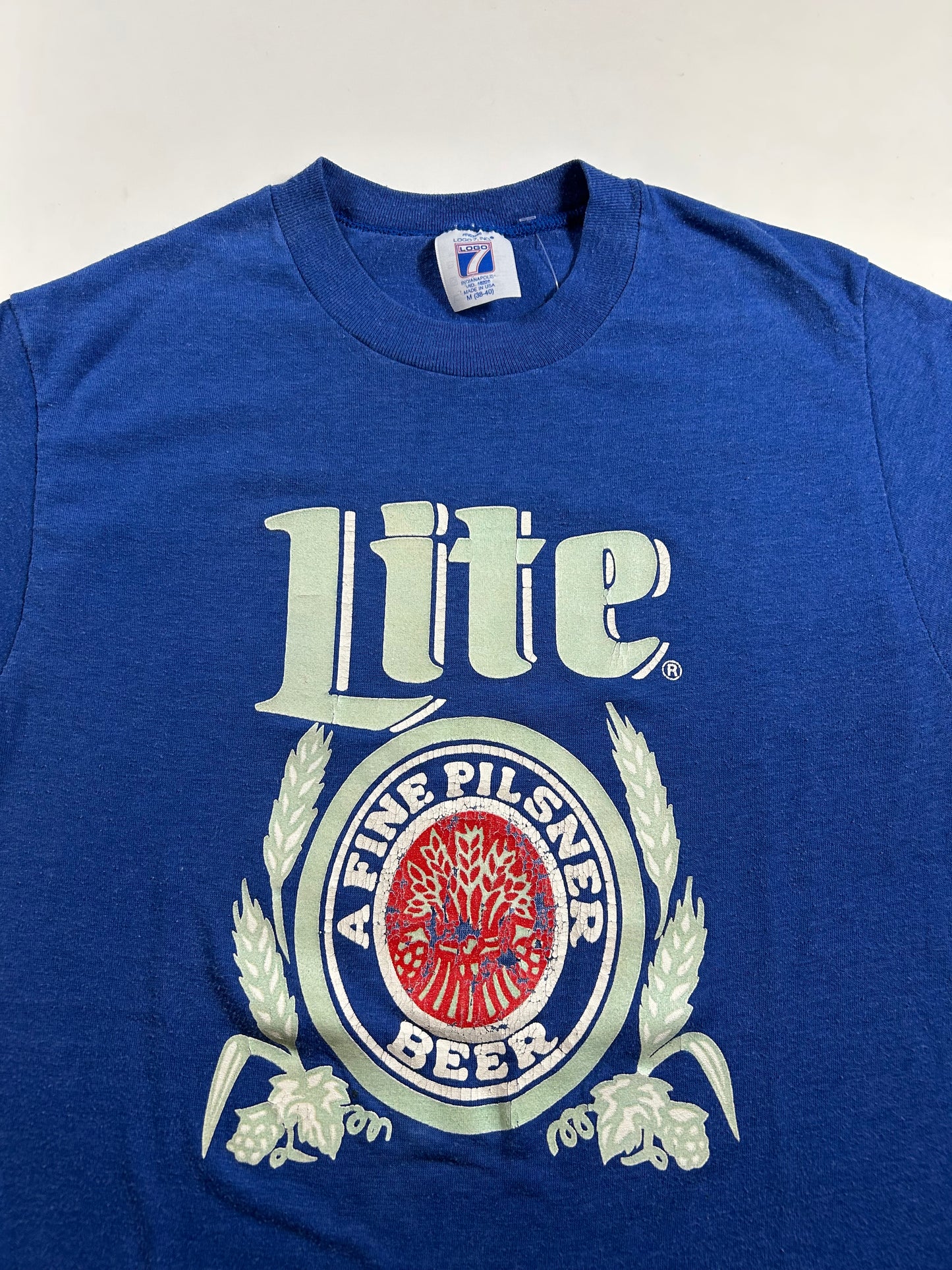 Vintage 80s Miller Lite A Fine Pilsner Beer Promo Tee Logo 7 Tag Small Fit 17x26.75 Inches