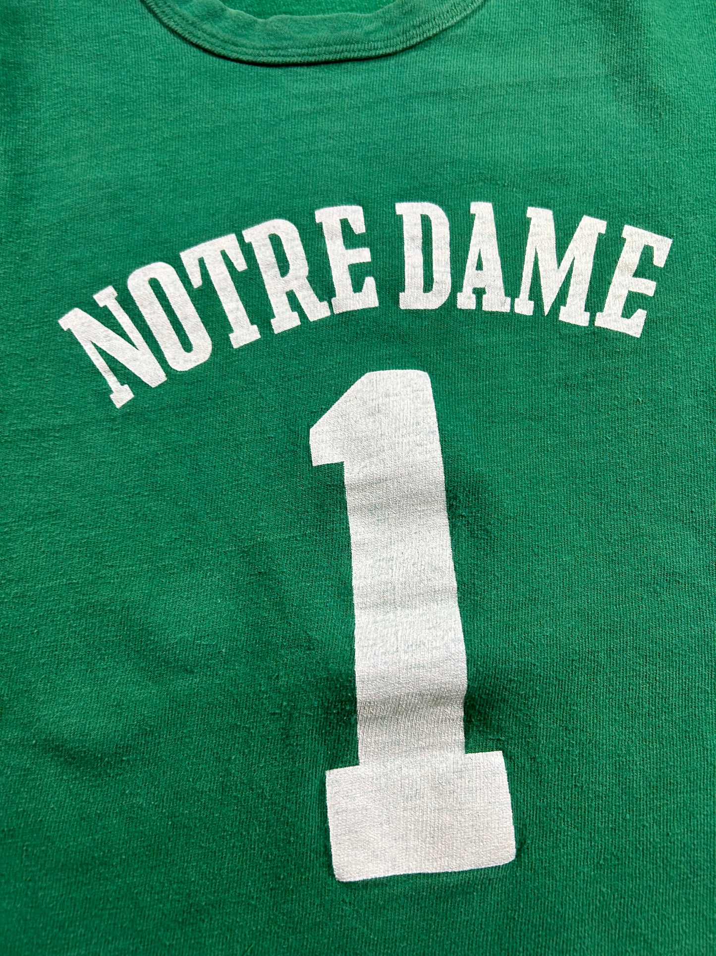 Vintage 70s Notre Dame Champion Blue Bar Green Jersey Style Tee 18.25x26 Inches Small Fit As Is