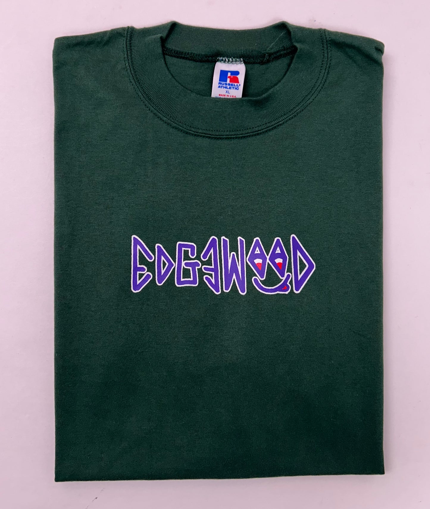 Edgewood NJ first edition “Deeper Than The Roots.” Tee XL 23.25x32 Inches 90s Russell Athletic Blank 100% Cotton USA Deep Forest Green