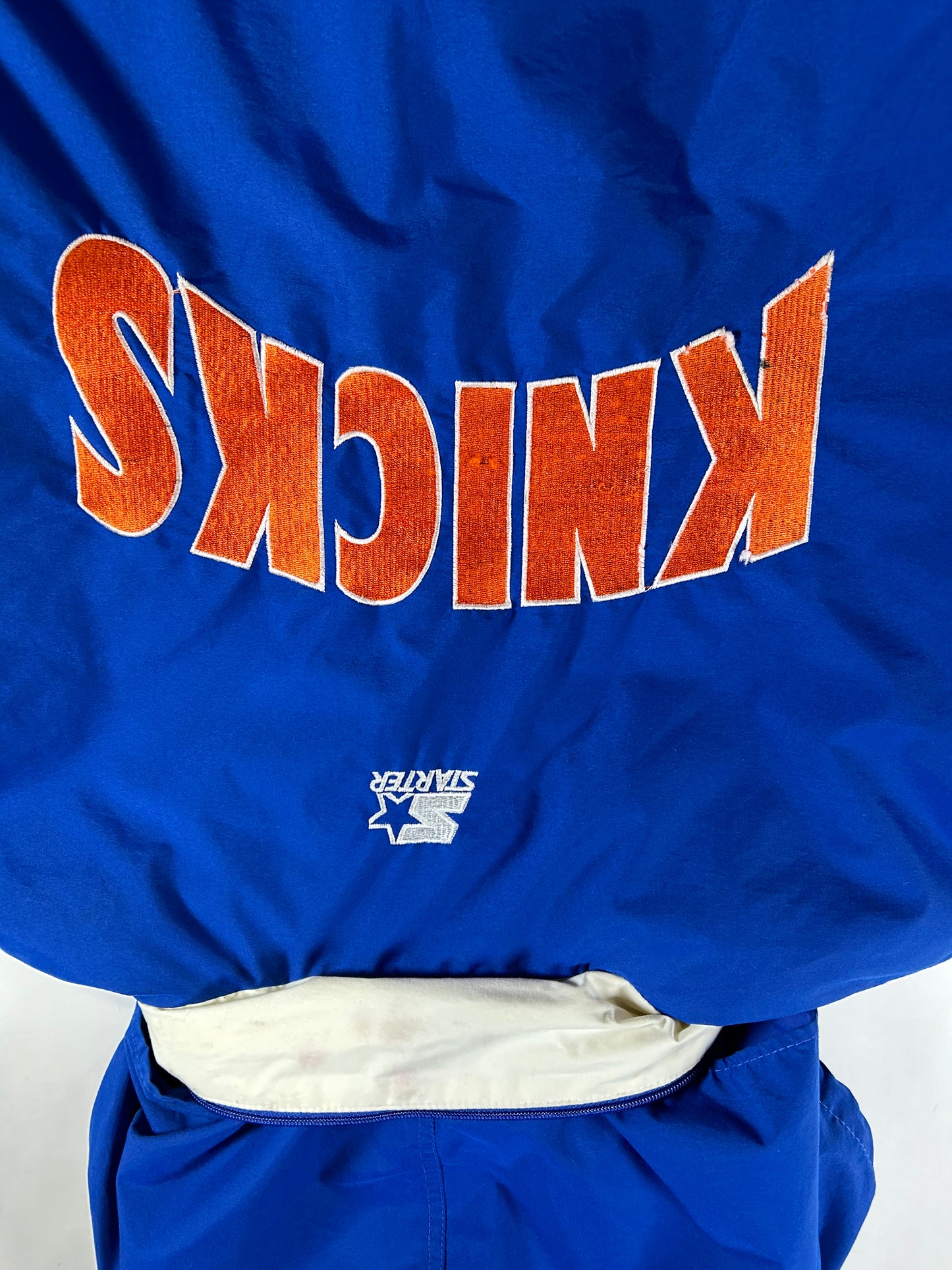 Vintage Starter New York Knicks Puffer Zip Up Packable Hood Jacket NYK XL 29x29.25 Inches As Is Has Stains 90s