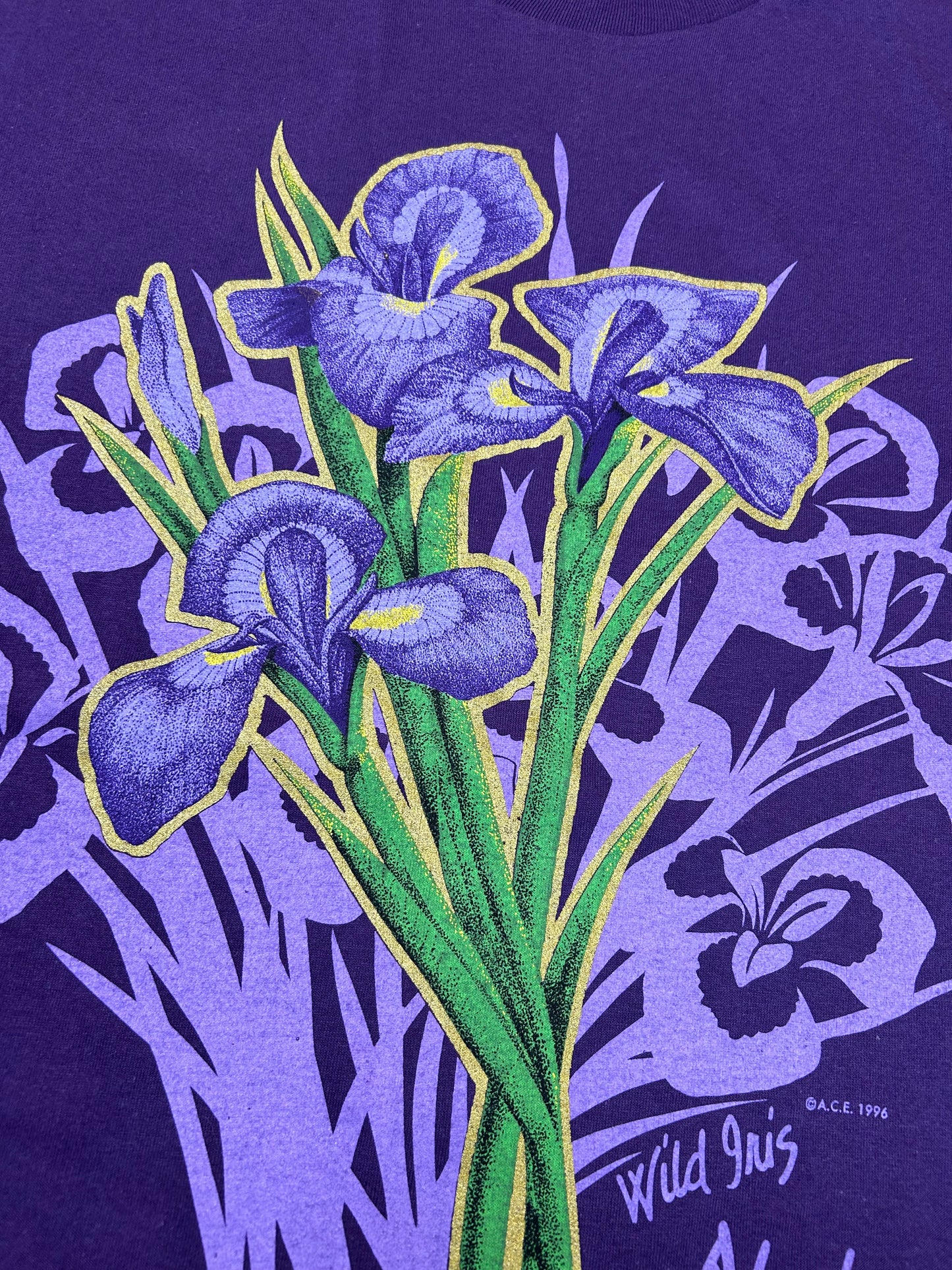 Vintage 1996 A.C.E. Wild Iris Flower Alaska Tee DS New With Tag XL 24.75x30.5 Inches