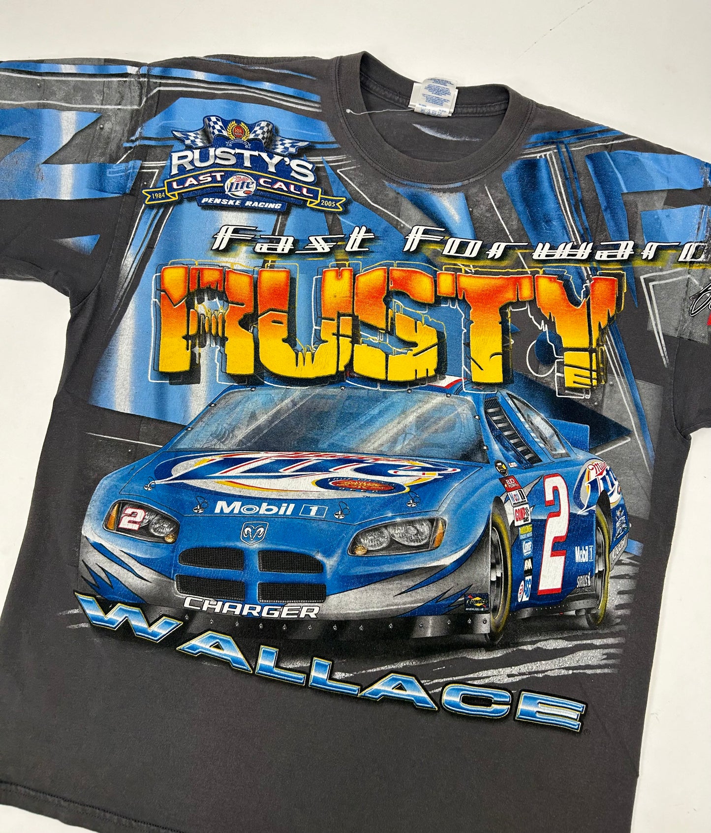 Vintage NASCAR Rusty Wallace Rusty’s Last Call All Over Print Shirt Dodge Car XL 24x30 Inches