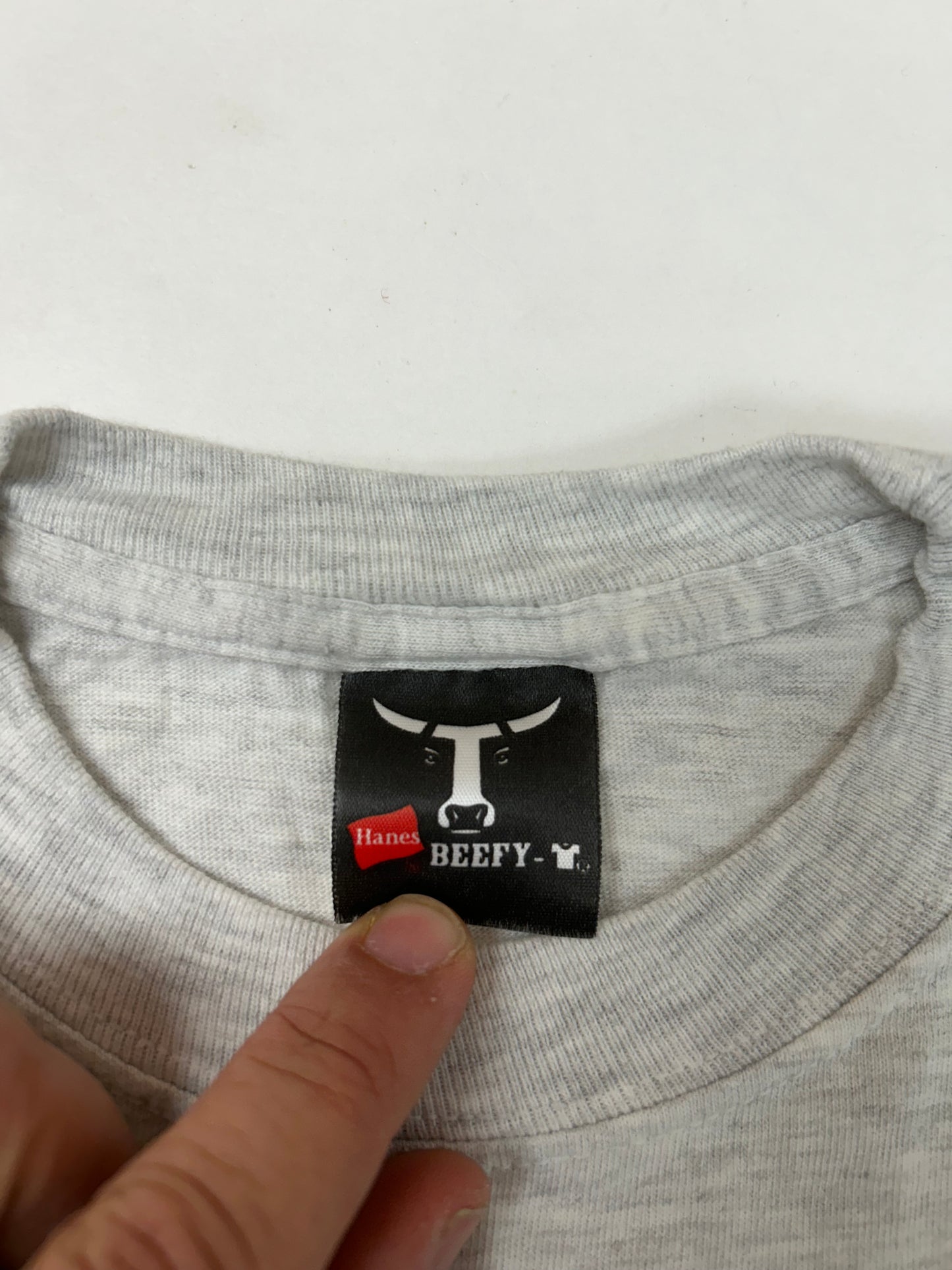 Edgewood NJ first edition “Deeper Than The Roots.” Tee 00s Hanes Beefy-T 99% Cotton 1% Other Fibers El Salvador Heather Gray