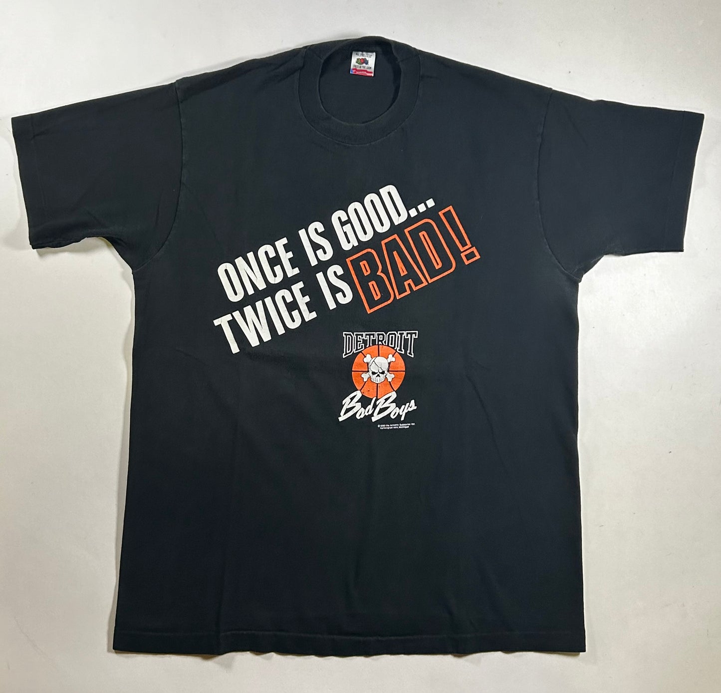 Vintage 1990 Detroit Pistons Bad Boys Twice Is Bad Detroit Bad Boys Championship Tee XL 23x30.75 Inches As Is