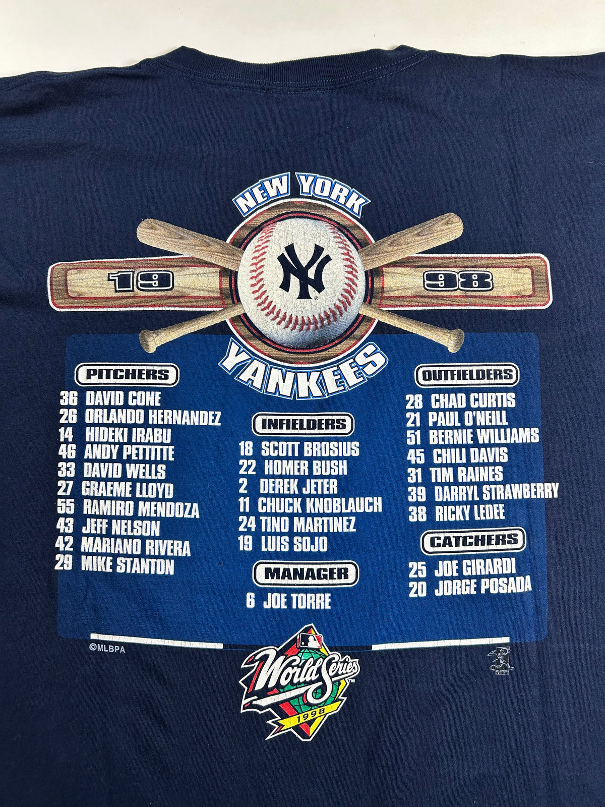 Vintage 1998 New York Yankees World Series Baseball Champions Roster T-Shirt XL 23.75x30.75 Inches