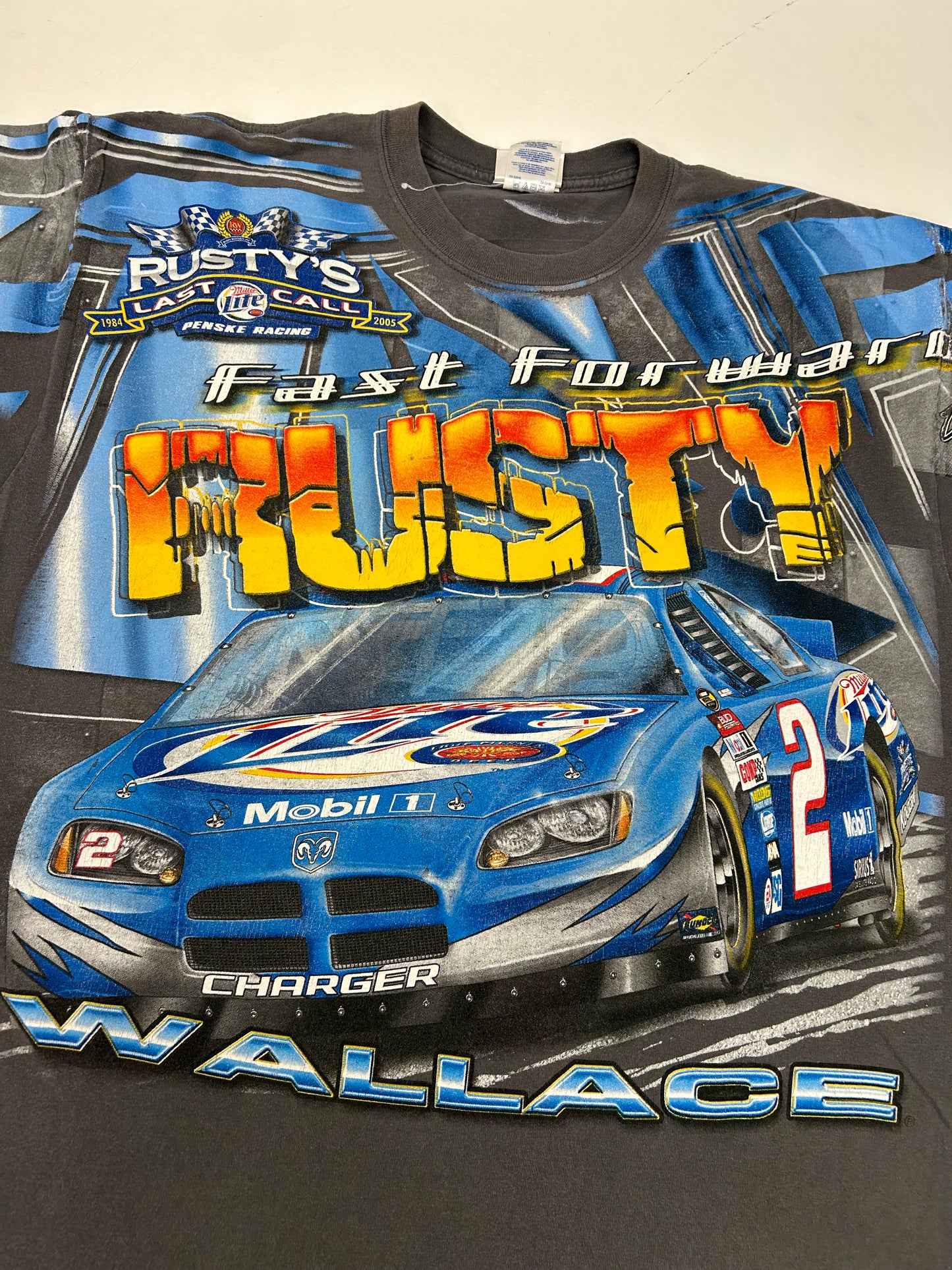 Vintage NASCAR Rusty Wallace Rusty’s Last Call All Over Print Shirt Dodge Car XL 24x30 Inches