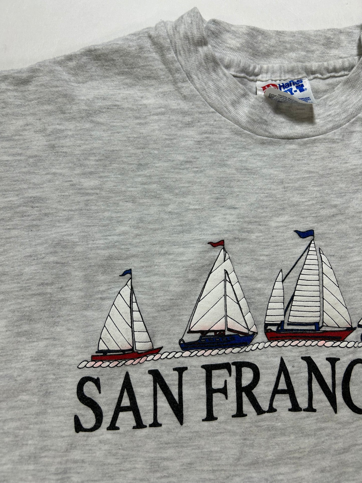 Vintage 90s San Francisco Sailboats Graphic Long Sleeve Tee Large/Medium 21.5x27 Inches Gray