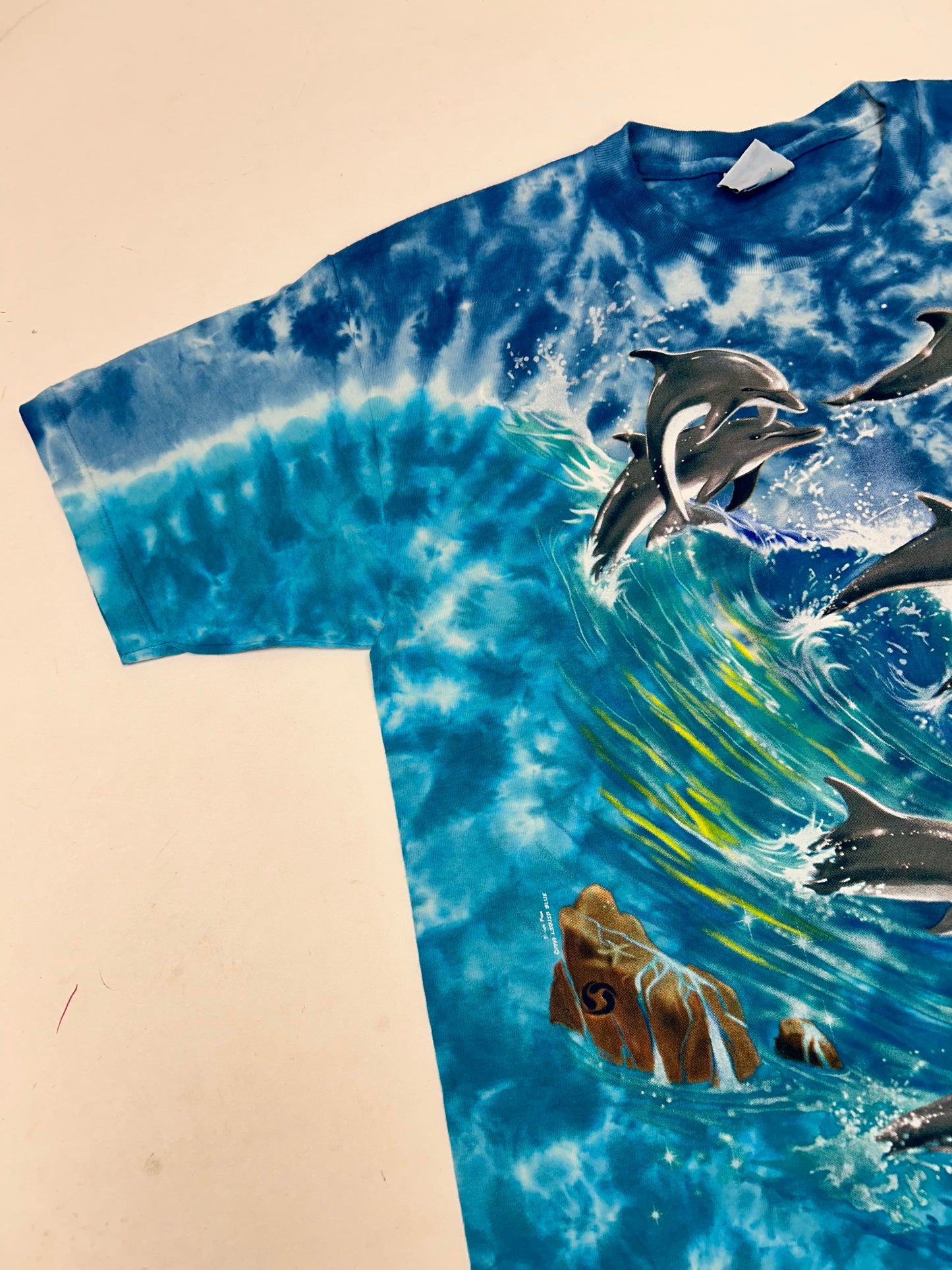 Vintage Liquid Blue Dolphin AOP Blue Ocean Tie Dye Beach Water Shirt Large 22.75xx29.5 Inches USA