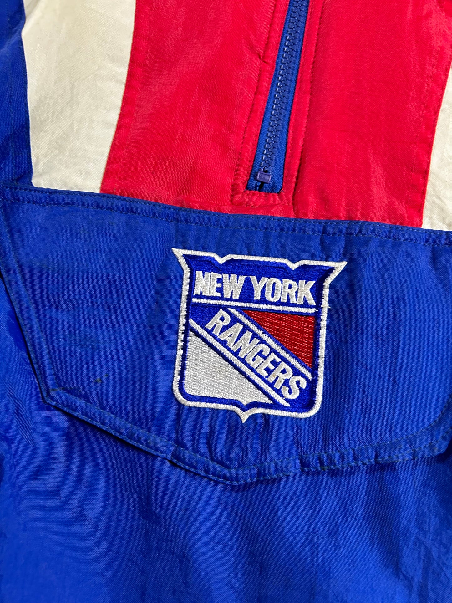 Vintage 90s Starter New York Rangers NHL Pullover Puffer Jacket Half Zip Hooded Jacket XL 29x30.25 Inches