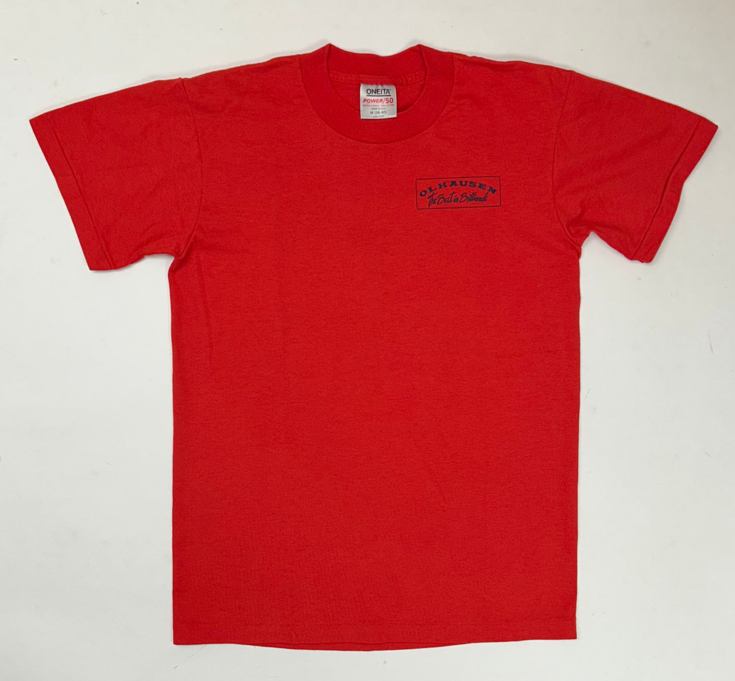 Vintage Olhausen Pool Table Mfg Billiards Brand Shirt Made In USA Red Medium 19x27 Inches