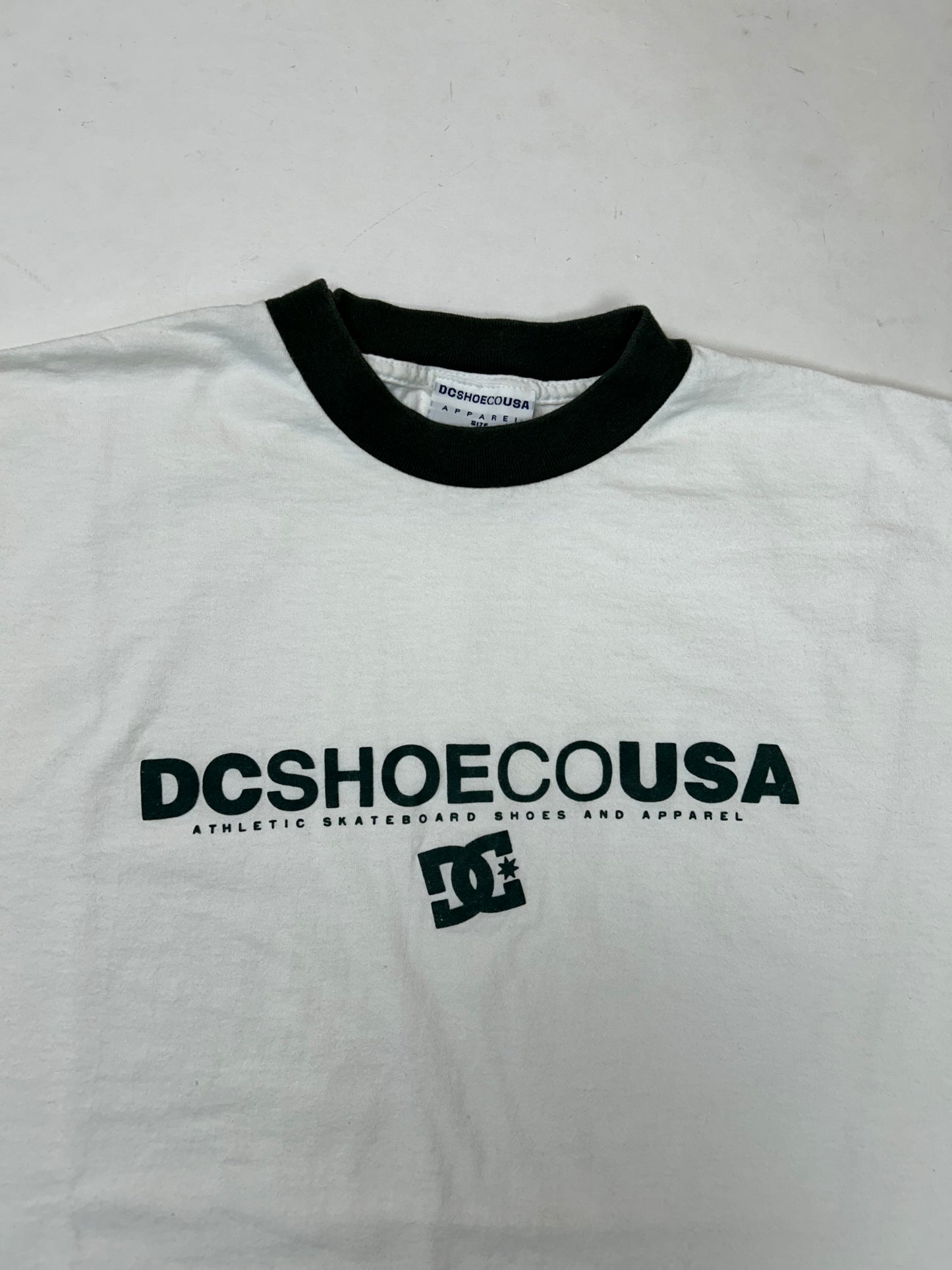 Vintage DC SHOE CO USA Apparel Felt Logo Skate Tee XL 25.25x30 Inches USA Skateboarding