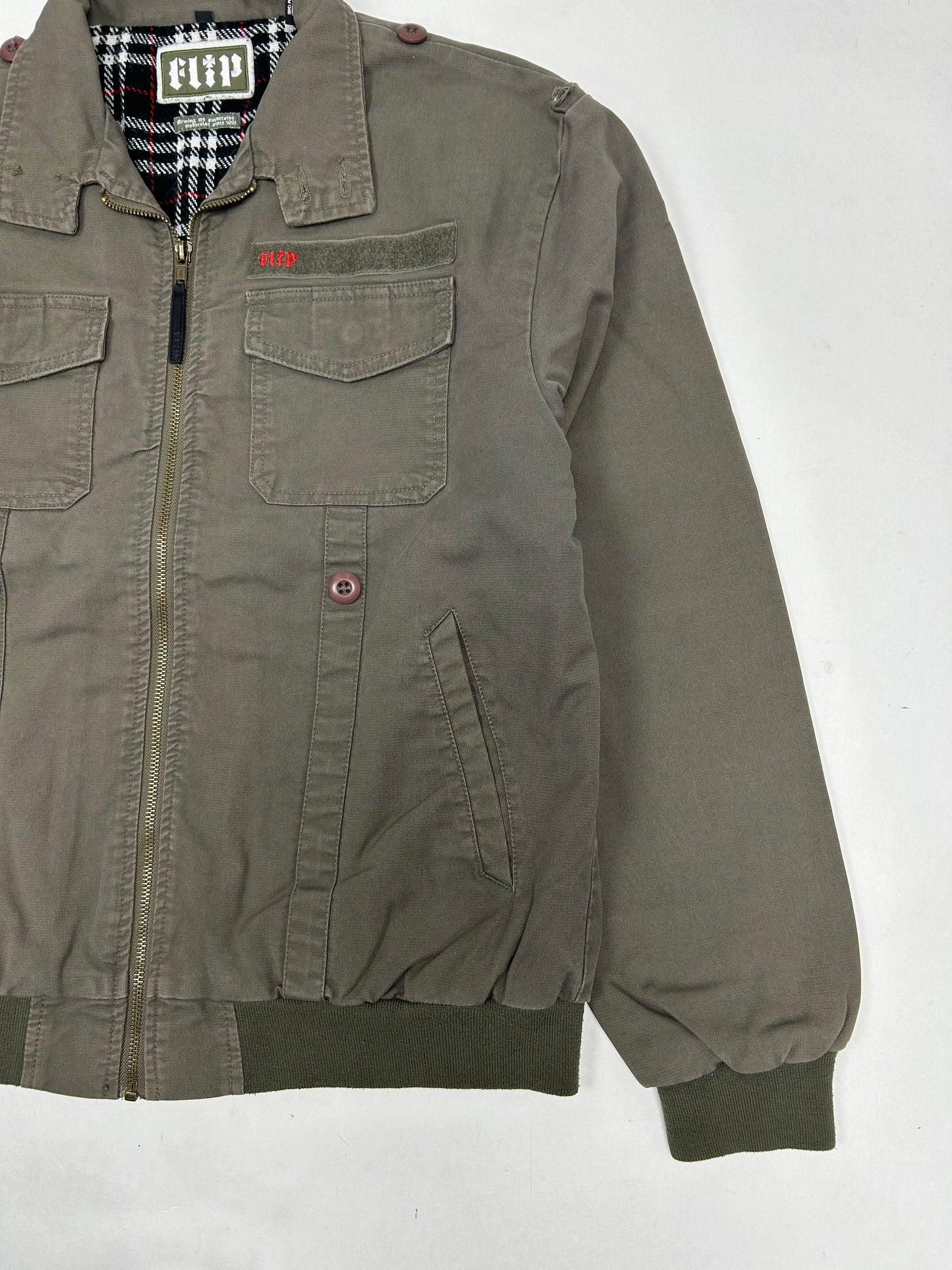 Vintage Flip Skateboards Army Military Style Zip Skateboarding Jacket Medium 24.5x27.25 Inches