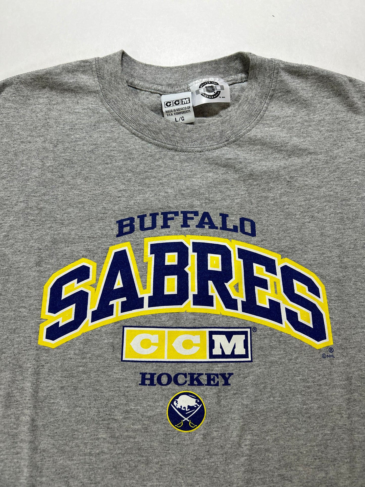 Vintage 2000s CCM Hockey Buffalo Sabres NHL Tee Large 22.75x27.75 Inches Has Flaws On Sleeve As Is