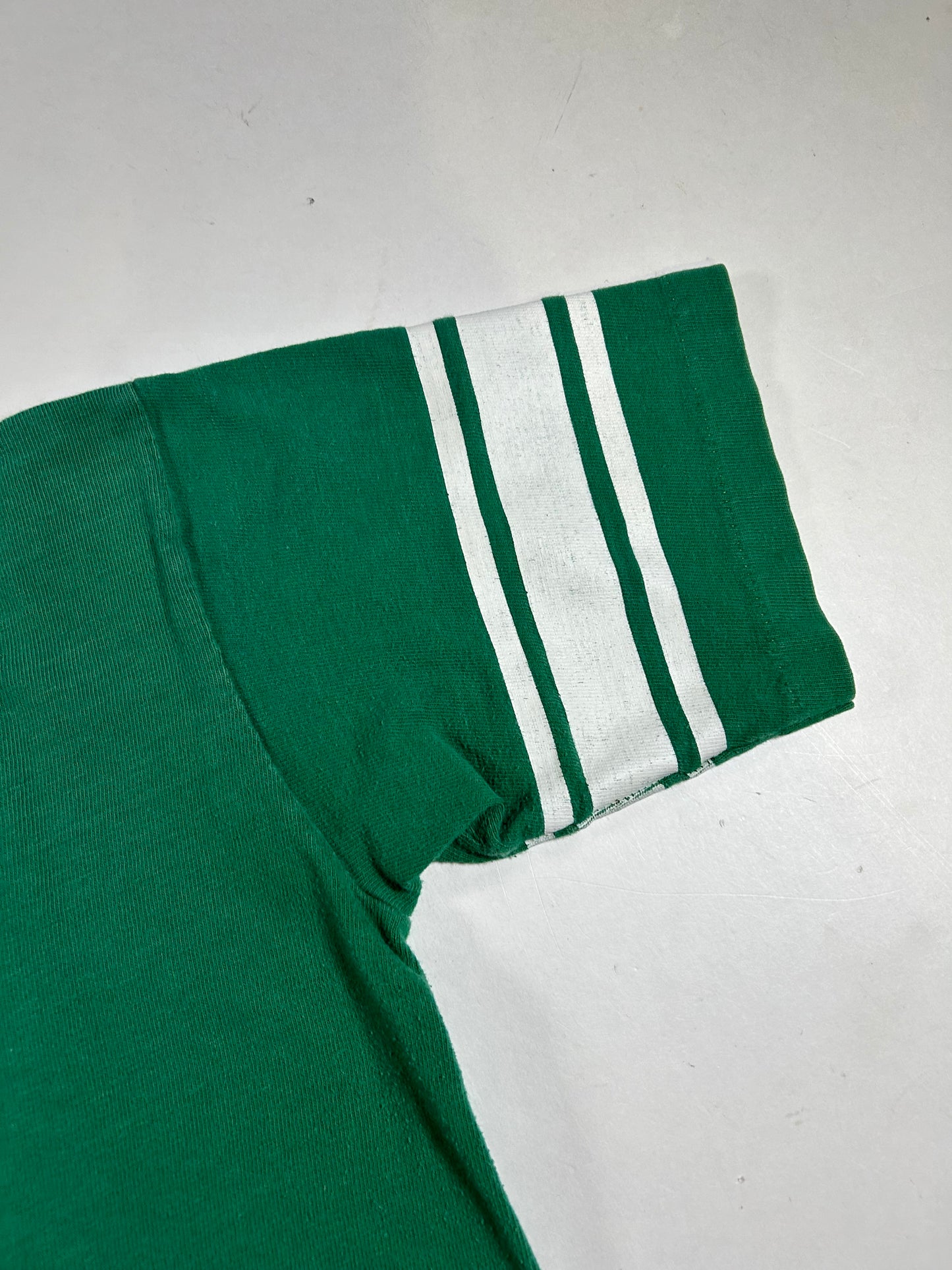 Vintage 70s Notre Dame Champion Blue Bar Green Jersey Style Tee 18.25x26 Inches Small Fit As Is