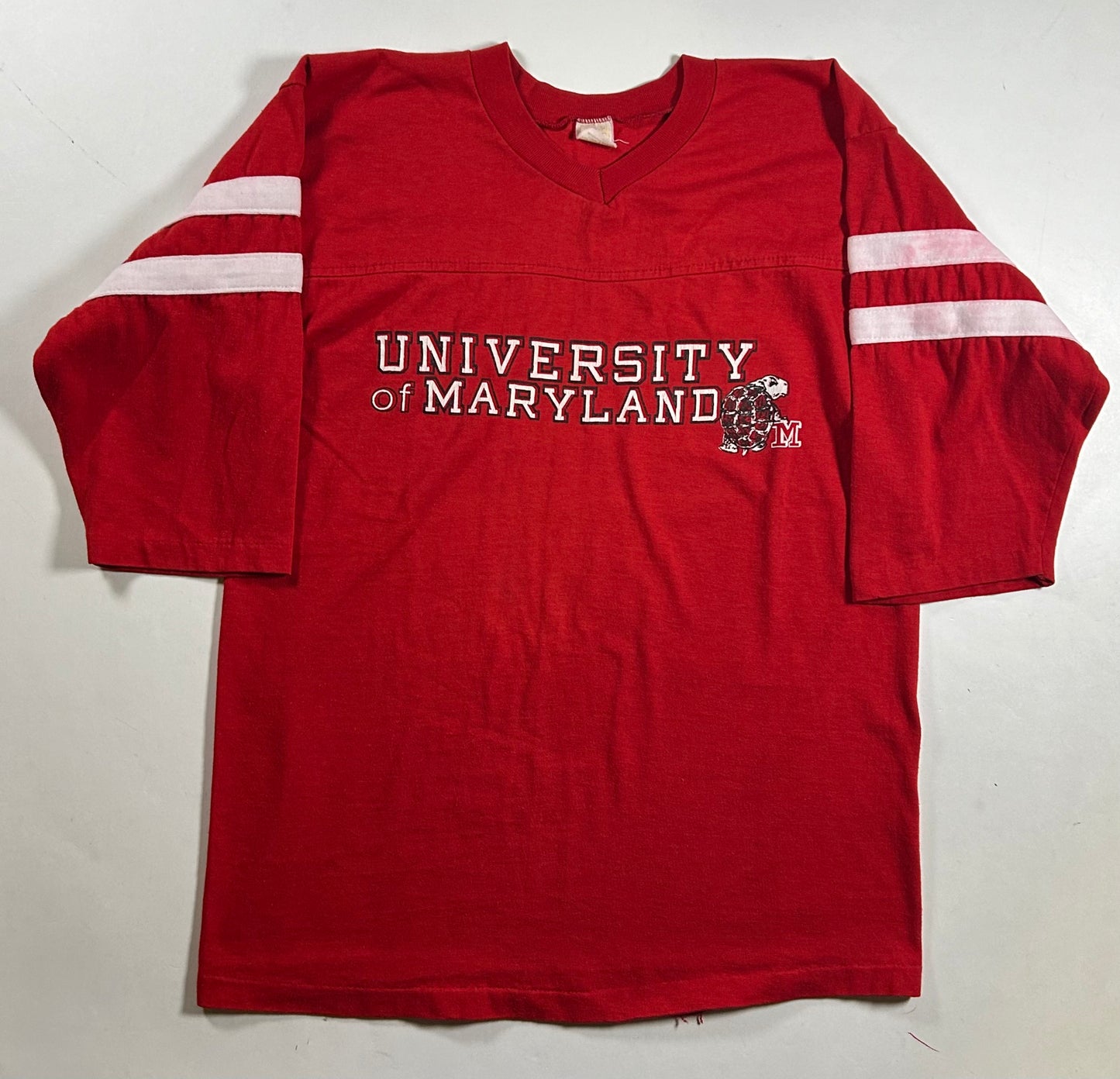 Vintage University of Maryland College Red 3/4 Sleeve Tee Velva Sheen 80s 18.5x25 Inches