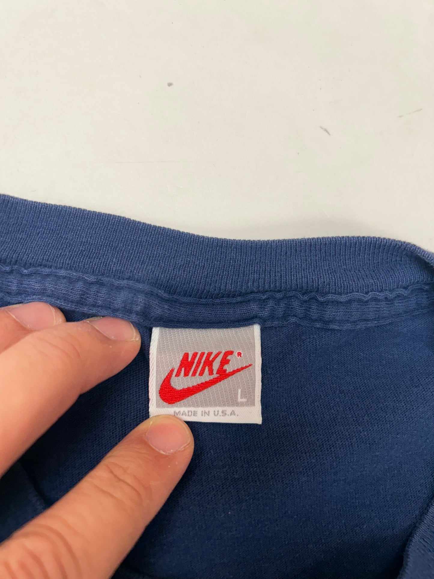 Vintage 90s Nike Just Do It. Long Sleeve T-Shirt Navy/Green Medium/Large Fit 21.5x25.75 Inches Worn