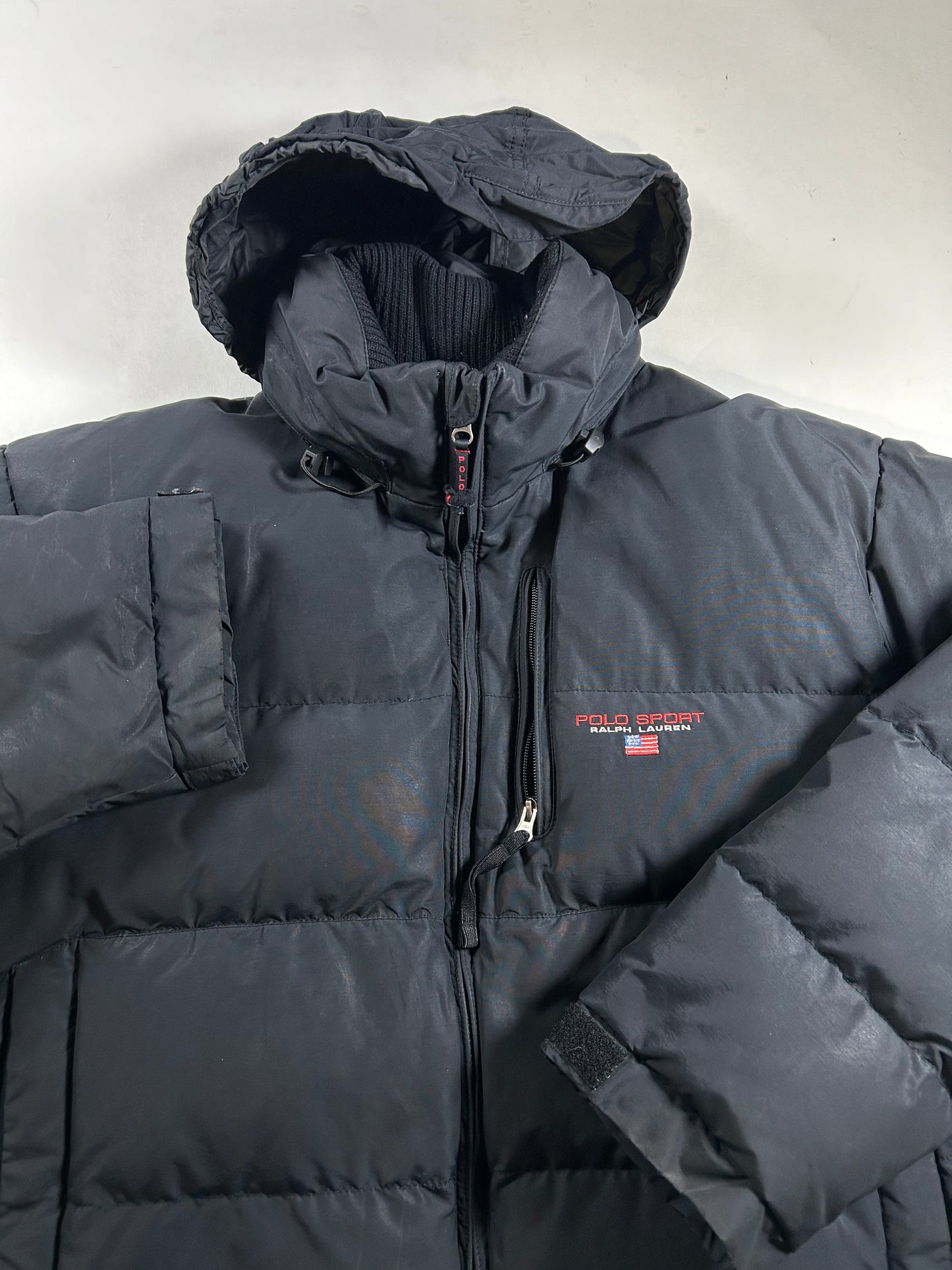 Vintage Polo Sport Ralph Lauren Down Puffer Jacket Mens 2XL 29x30.75 Inches Black As Is Had Wear