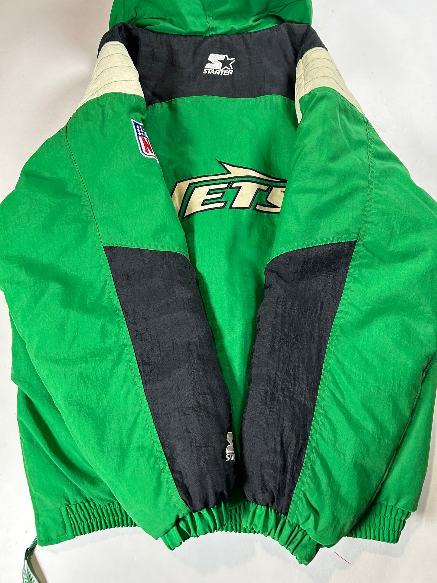 Vintage 90s Starter Authentic Pro Line New York Jets NFL Pouch Pullover Puffer Jacket XL 25.5x29.25 Inches