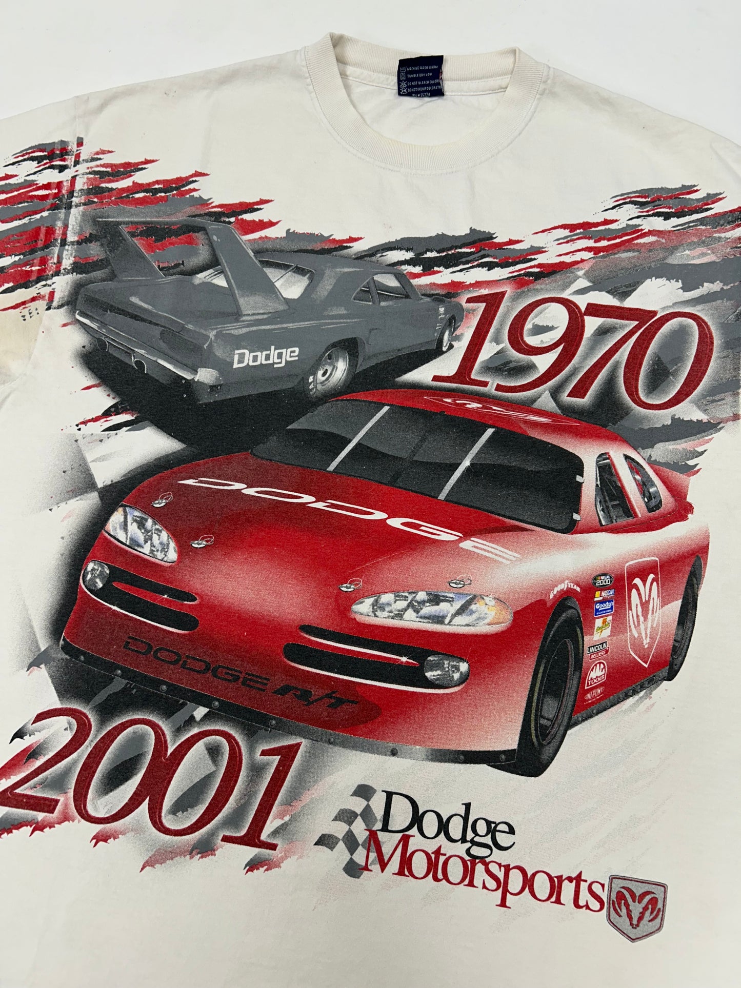 Vintage Dodge Motorsport We’re Back NASCAR AOP  Tee Dodge R/T 1970 & 2001 Car XL 23.5x29.5 Inches As Is