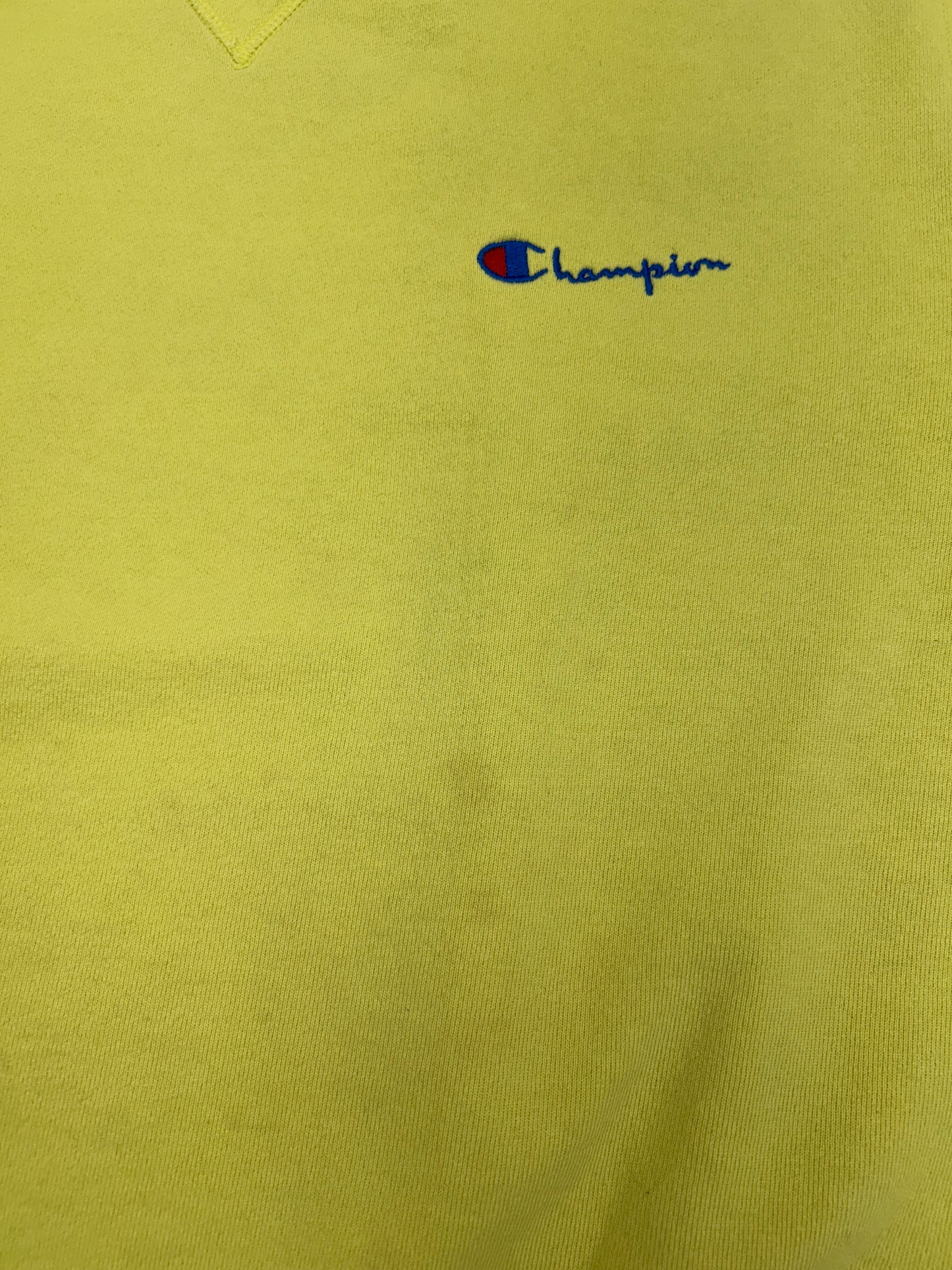Vintage Champion Chest Script Logo Crewneck Sweatshirt Worn In Well Yellow USA Boxy Fit M/L 24.5x25 Inches As Is