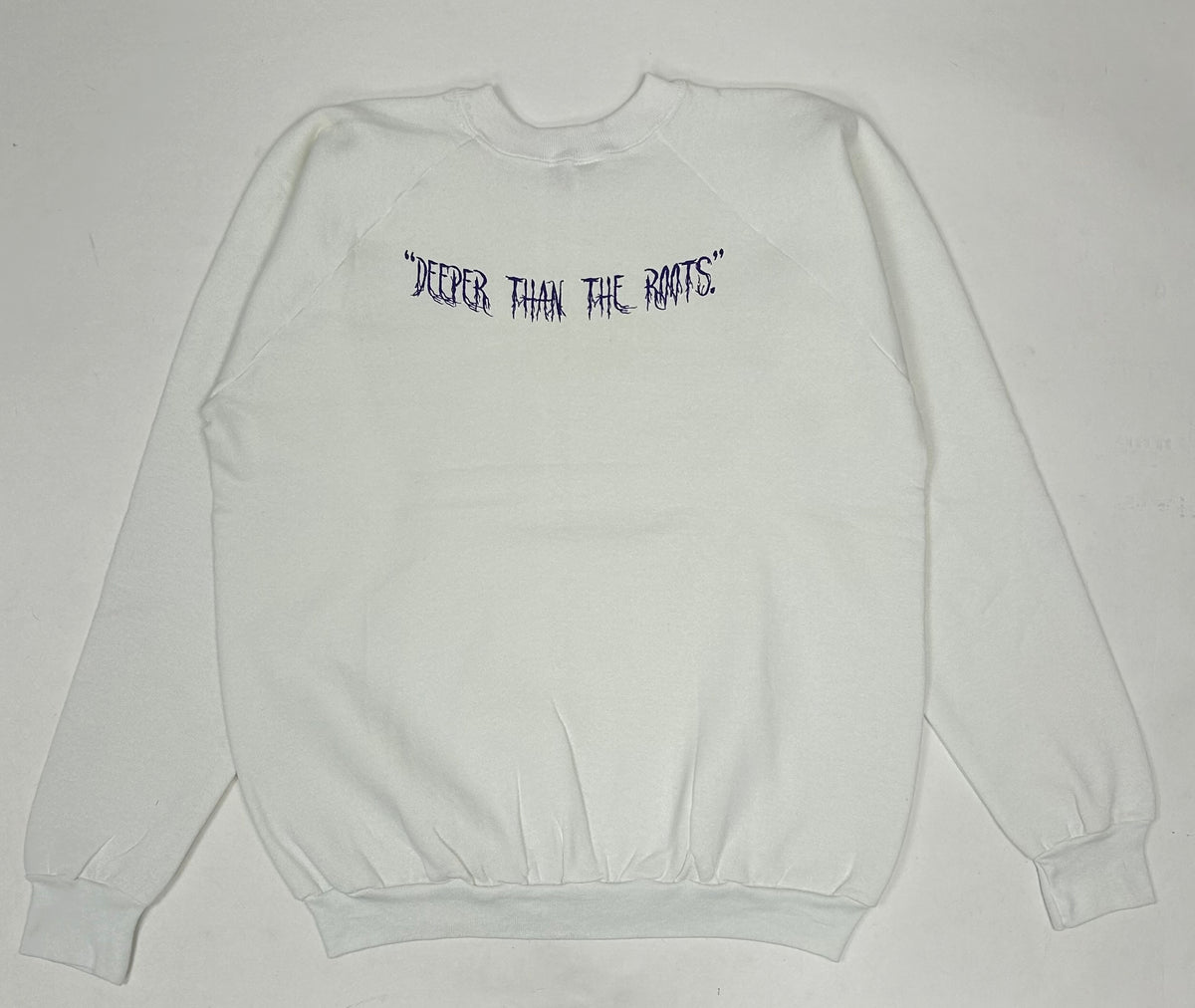 Edgewood NJ first edition “Deeper Than The Roots.” Crewneck Sweatshirt Tagged XL Can Fit Large 23.75x28 Inches Ragland Fruit Of The Loom White