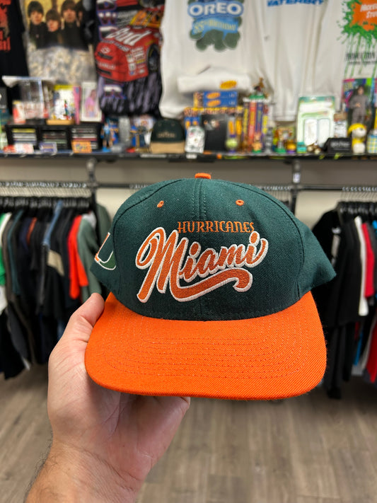 Vintage University of Miami Hurricanes Script College SnapBack Hat Nutmeg Mills