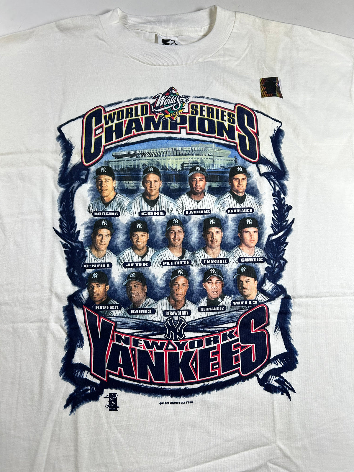 Vintage Starter New York Yankees 1998 World Series Champs Lineup Tee New L/XL Fit 23.5x31.25 Inches